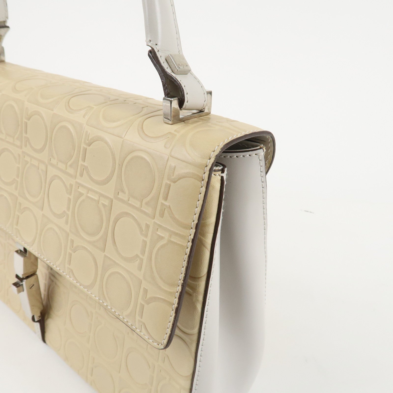 Ferragamo Gancini Pattern Leather Hand Bag Ivory Used