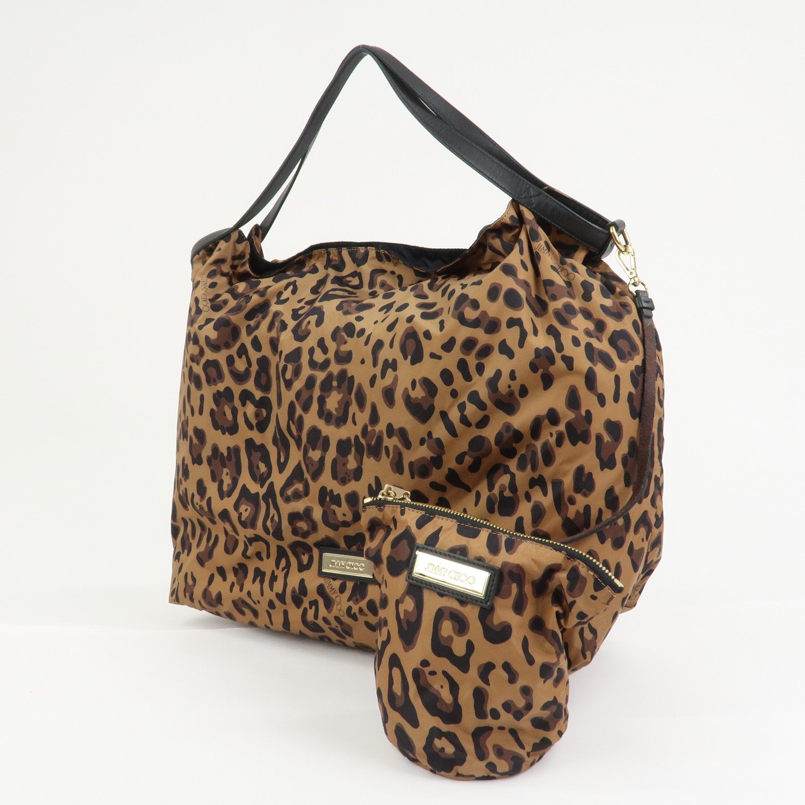 JIMMY CHOO Nylon Tote Bag Shoulder Bag Leopard Brown Black