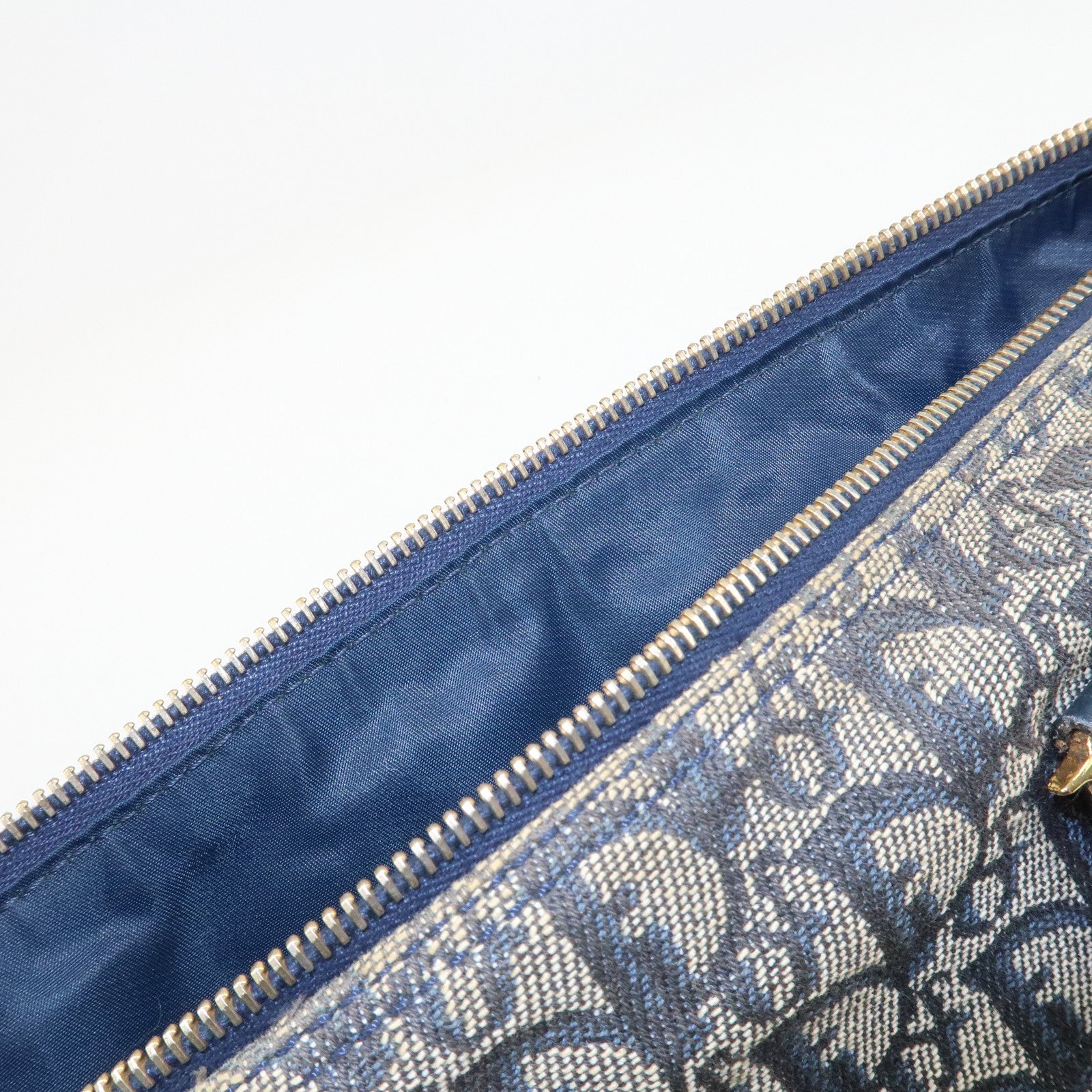 Christian Dior Trotter Jacquard Canvas Leather Boston Hand Bag Navy