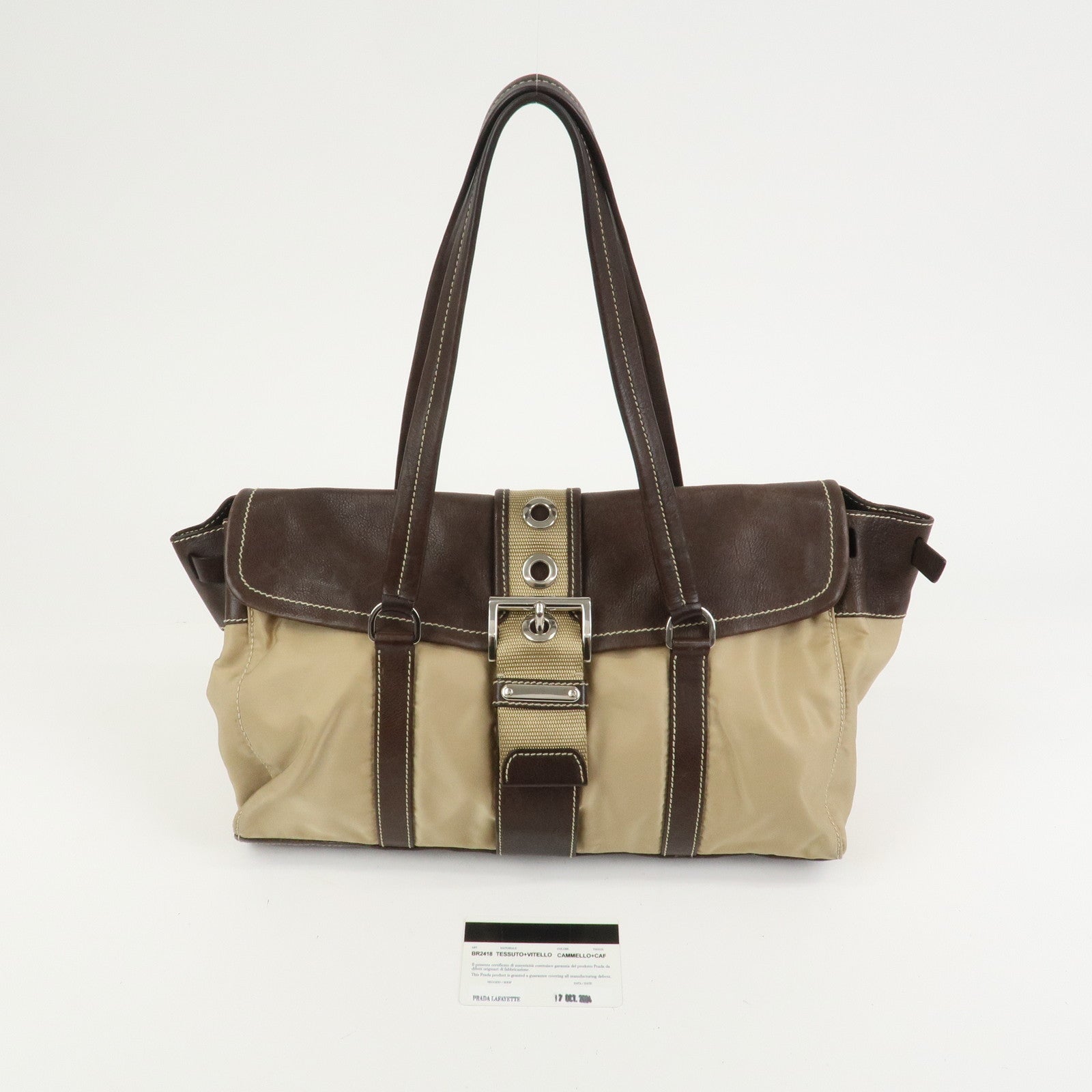 PRADA Triangle Logo Leather Nylon Shoulder Bag Brown BR2418