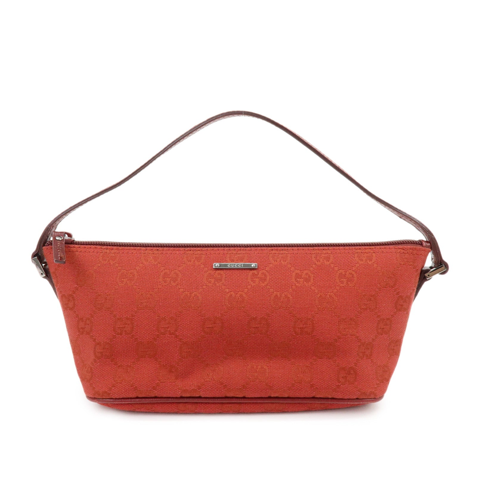 GUCCI Boat Bag GG Canvas Leather Accessory Pouch Hand Bag Red 07198