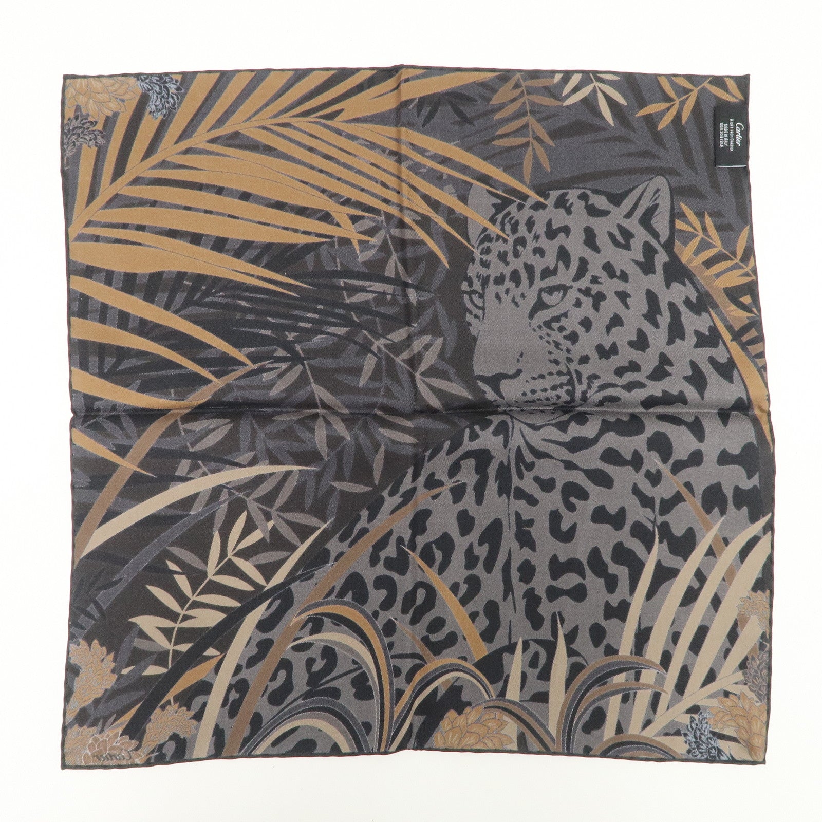 Cartier Silk 100% 42×42 Scarf Leopard Safari Motif Black Brown