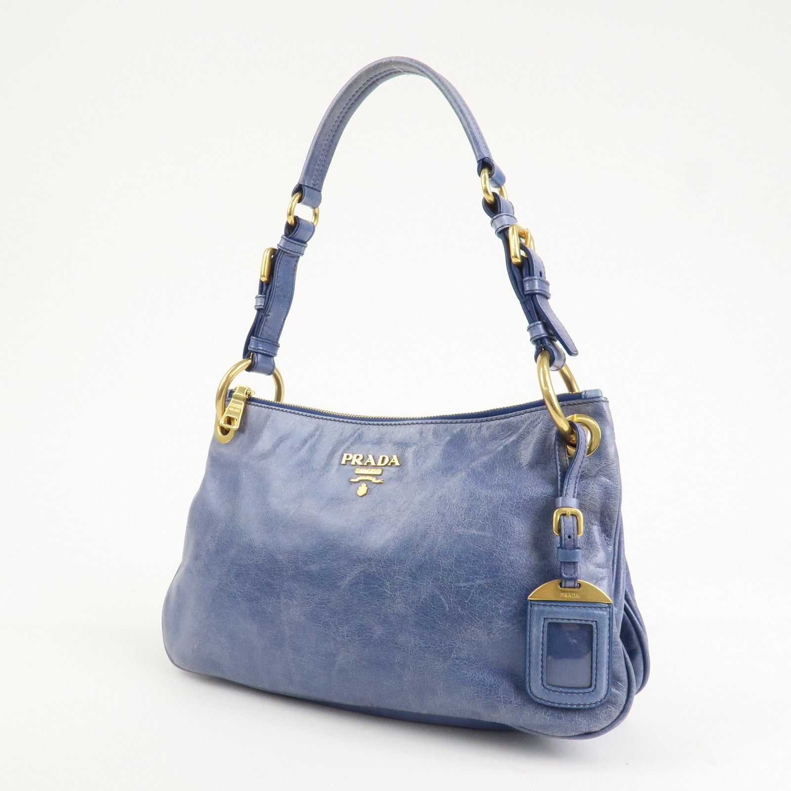 PRADA Leather Shoulder Bag Hand Bag Blue BR4984 Used