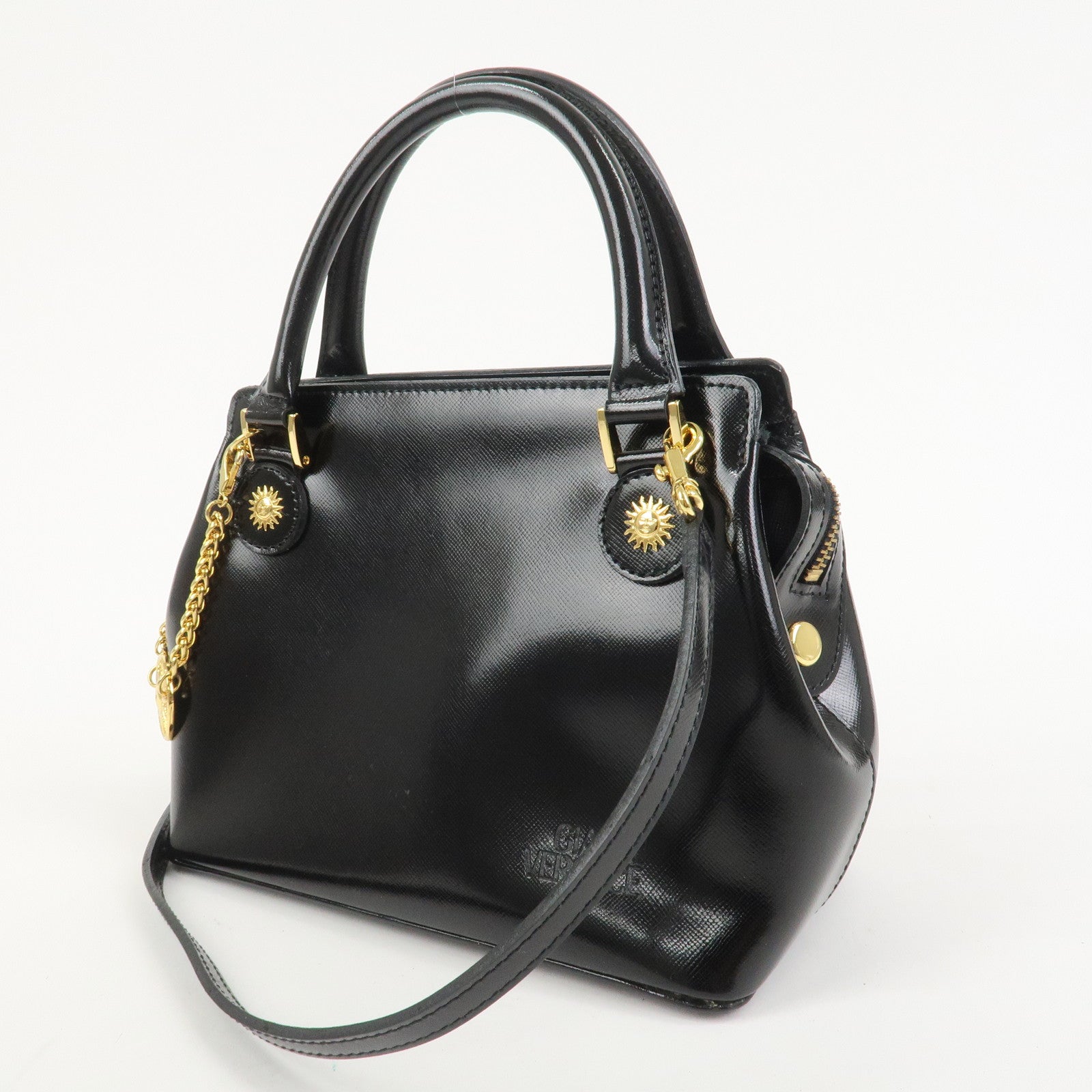 VERSACE Leather 2Way Hand Bag Shoulder Bag Black Gold