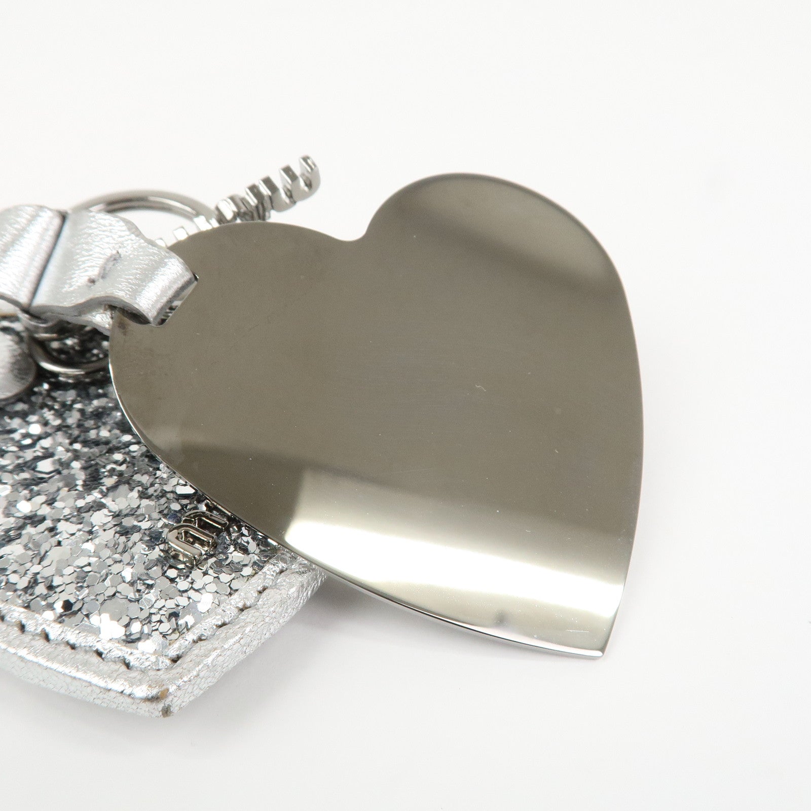 MIU MIU Heart Motif Glitter Leather Key Chain Bag Charm Silver