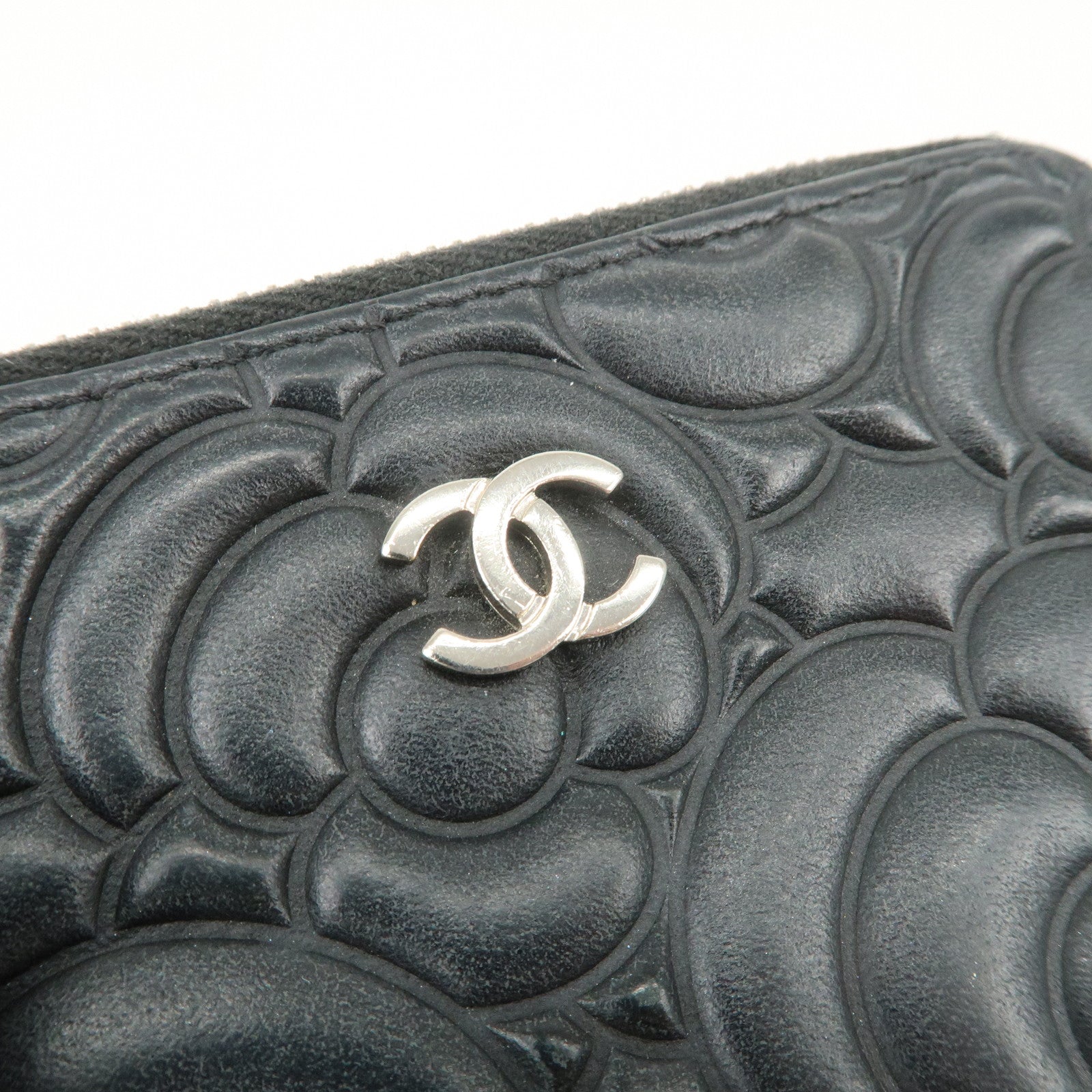 CHANEL Camellia Lamb Skin Coin Case Coin Purse Black