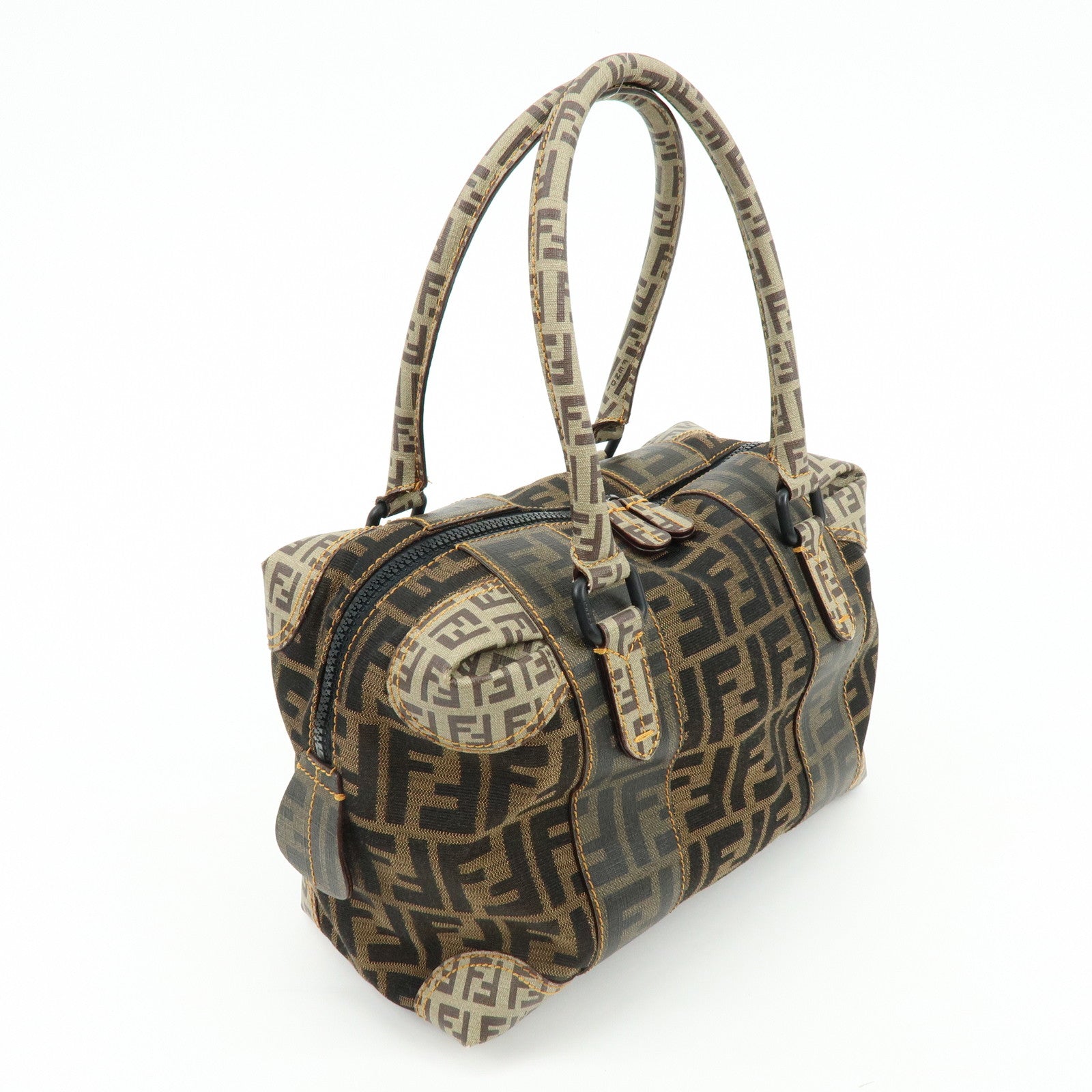 FENDI Zucca Zucchino Canvas PVC Boston Hand Bag Brown 8BL095