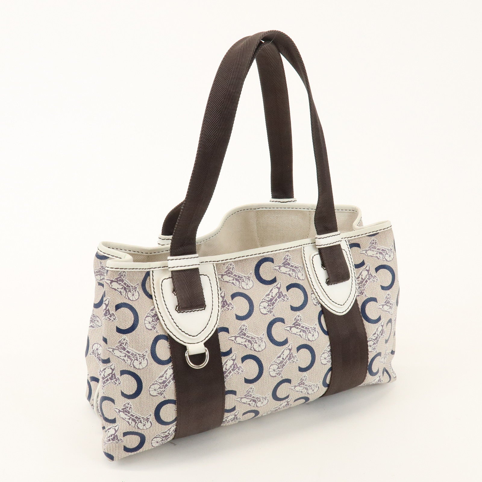 CELINE C Macadam PVC Nylon Leather Tote Bag Hand Bag Brown Beige