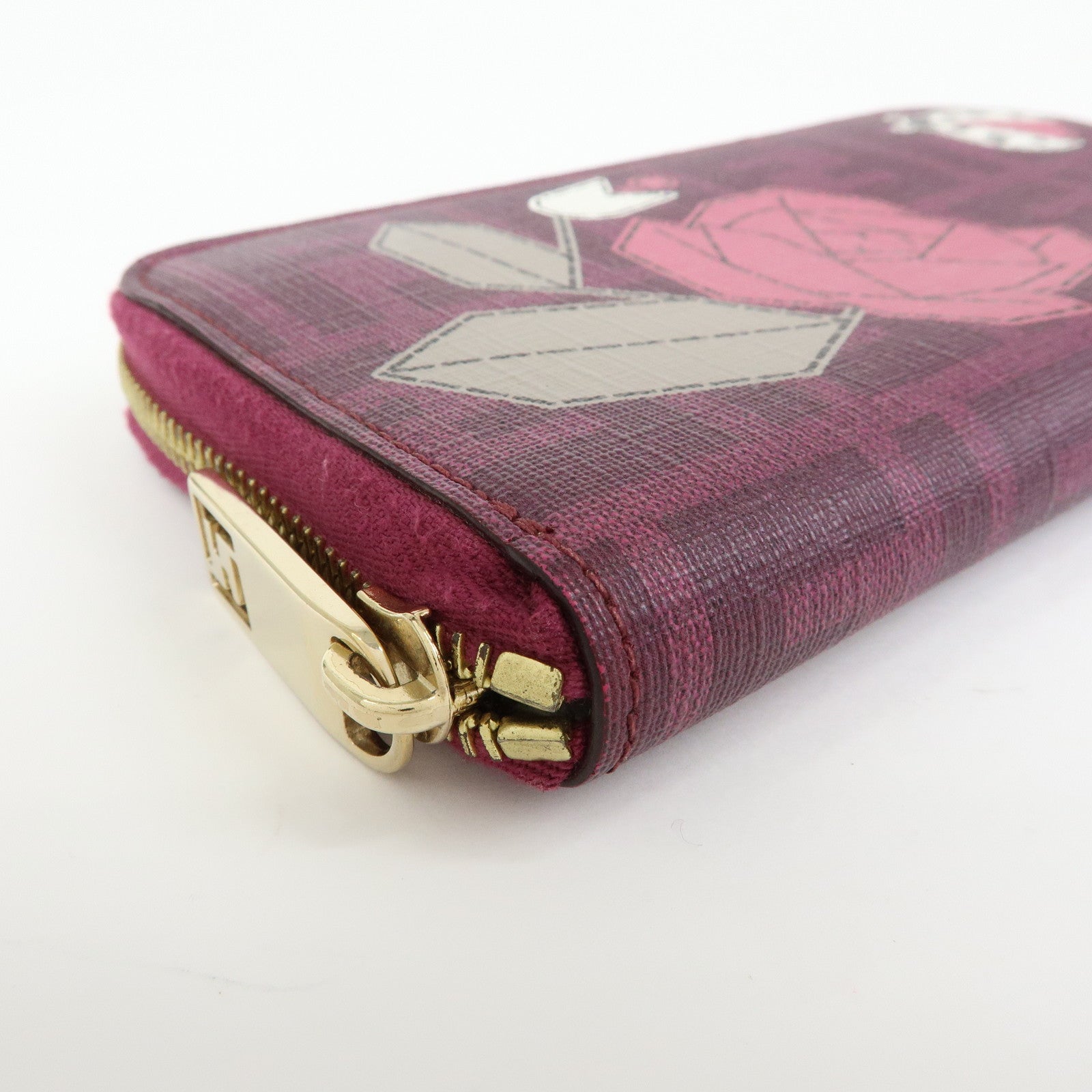 FENDI Zucca PVC Long Wallet Rose Ladybug Motif Purple 8M0024