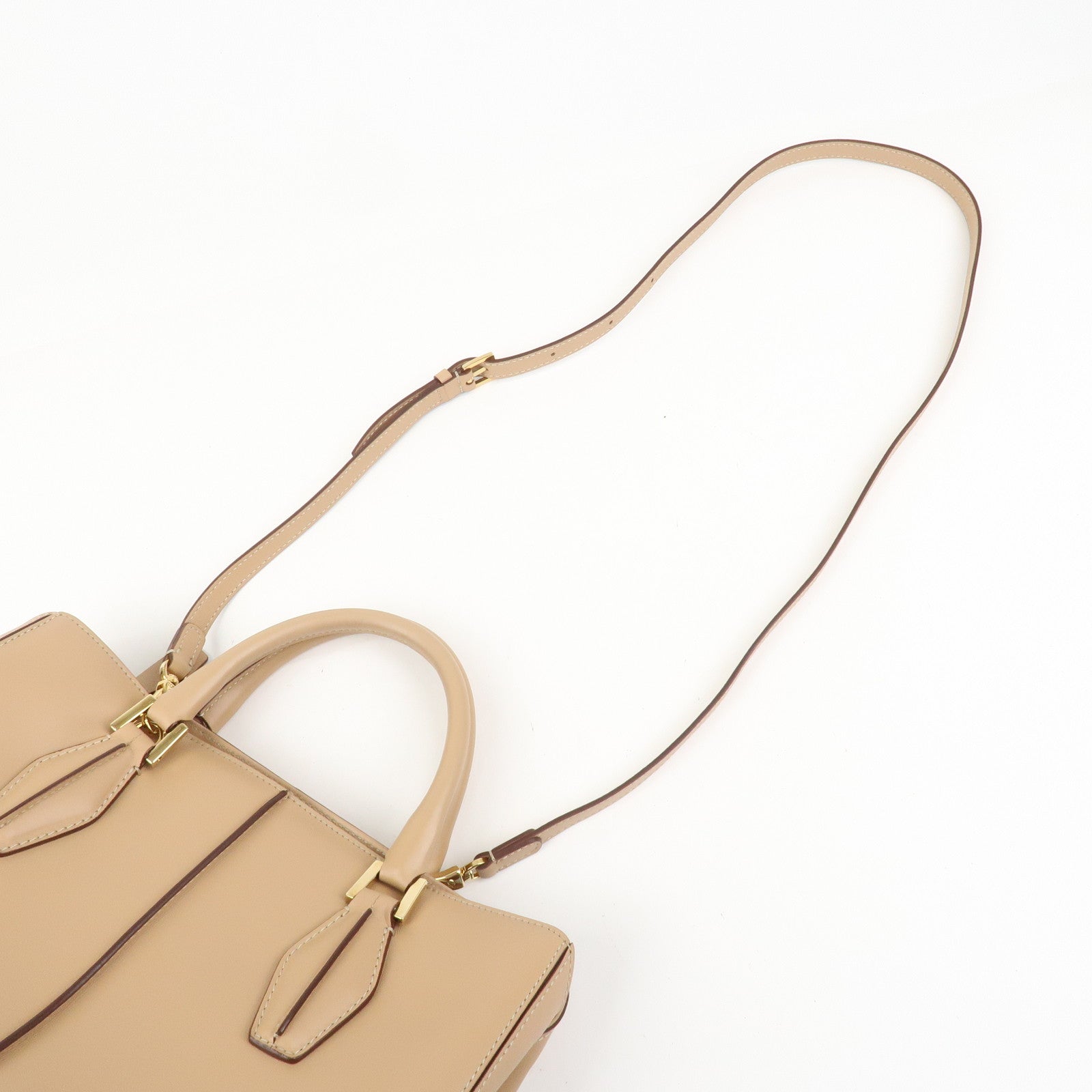TOD’S Leather 2Way Bag Hand Bag Shoulder Bag Beige Gold
