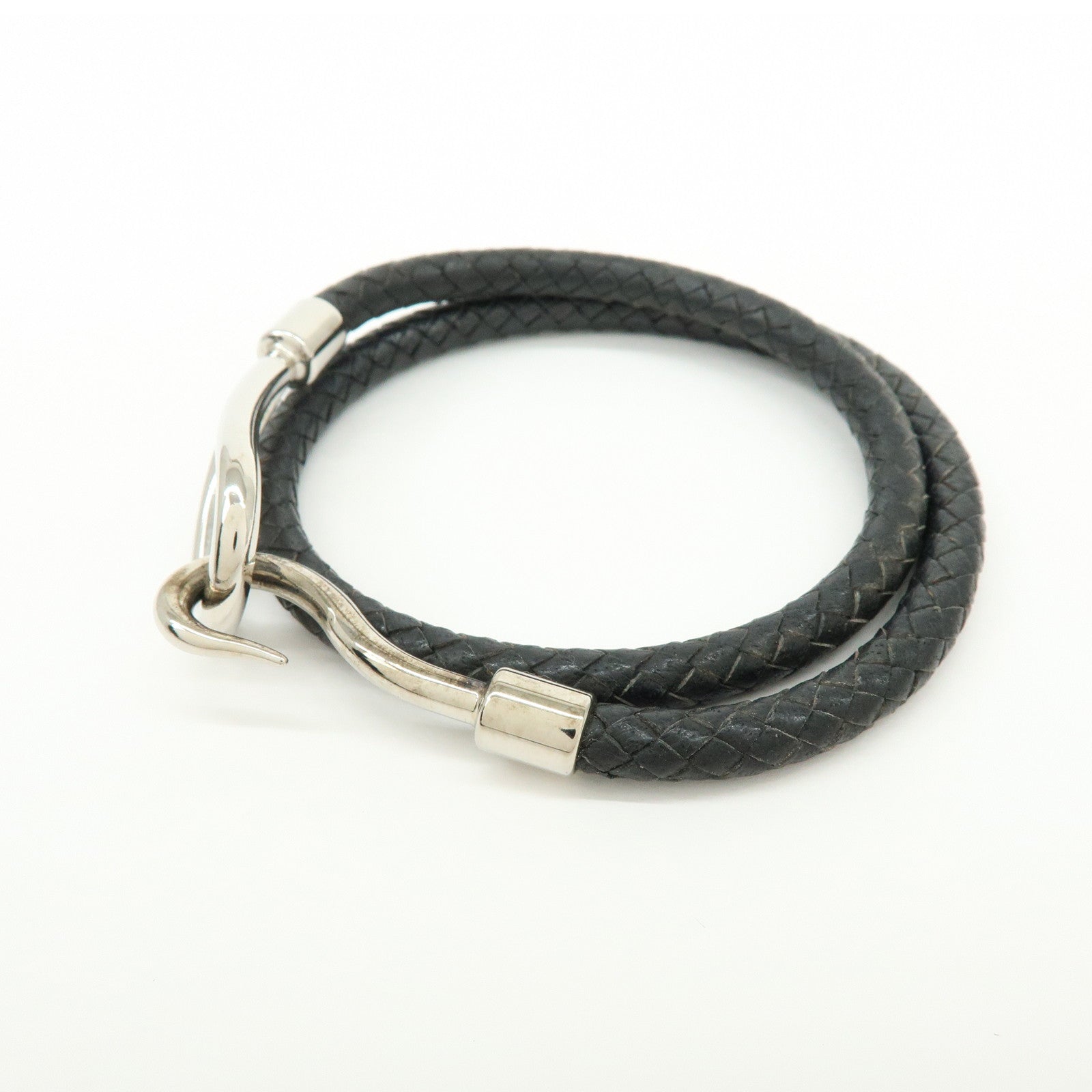 HERMES Jumbo Choker Double Tour Leather Metal Bracelet Black Silver