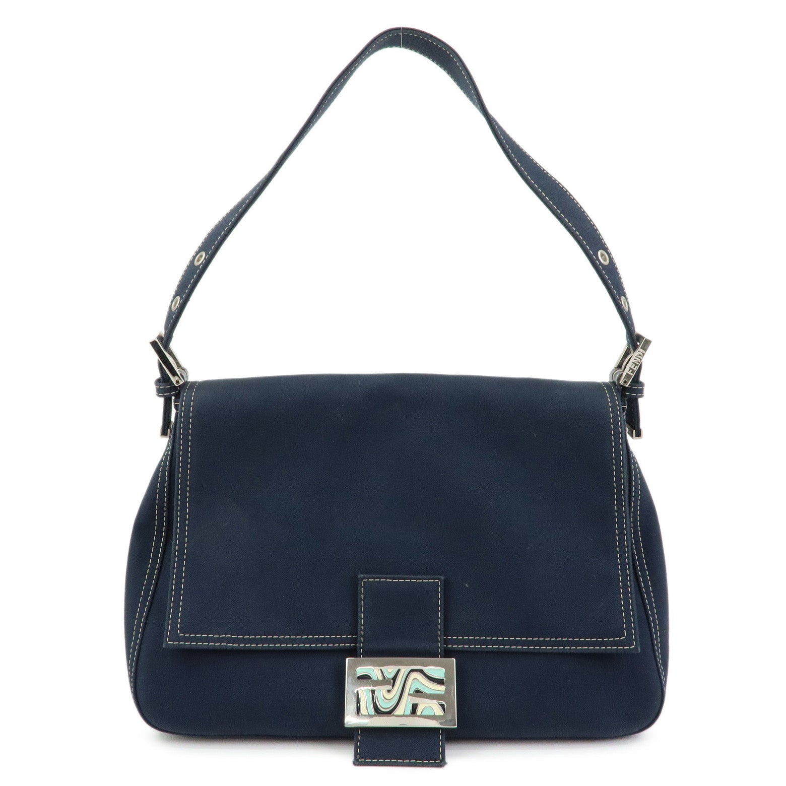 FENDI Mamma Baguette Canvas Shoulder Bag Navy 26325