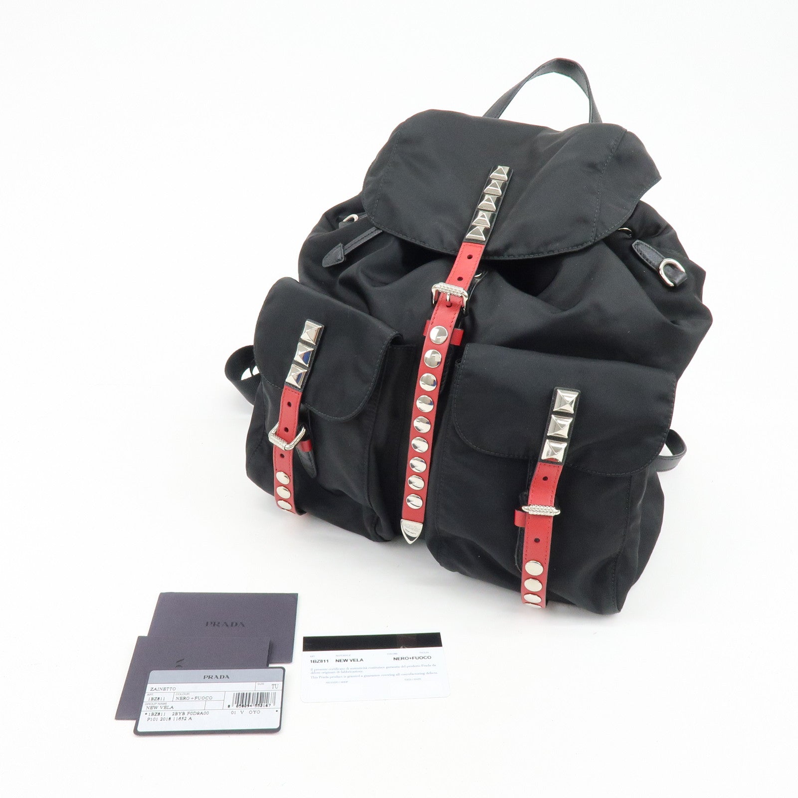 PRADA Triangle Logo Nylon Leather Backpack Studs Black Red1BZ811