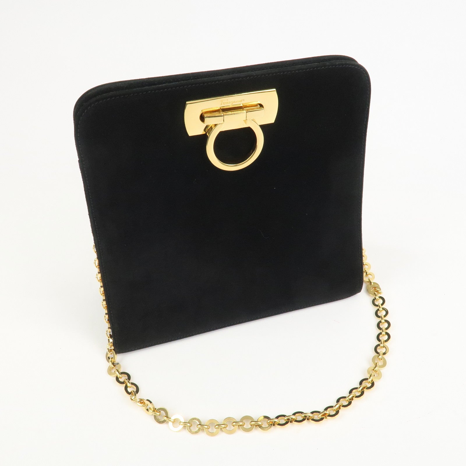 Ferragamo Gancini Suede Chain Shoulder Bag Crossbody Bag Black