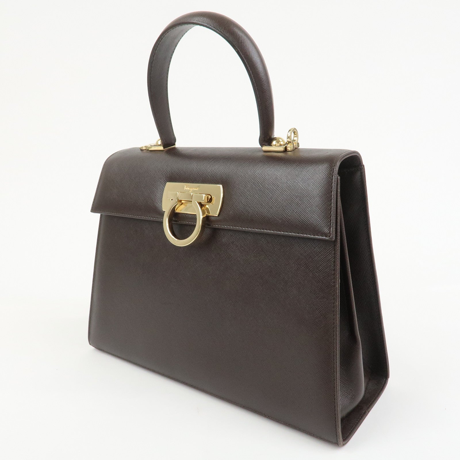 Ferragamo Gancini Leather 2Way Bag Hand Bag Shoulder Bag Dark Brown