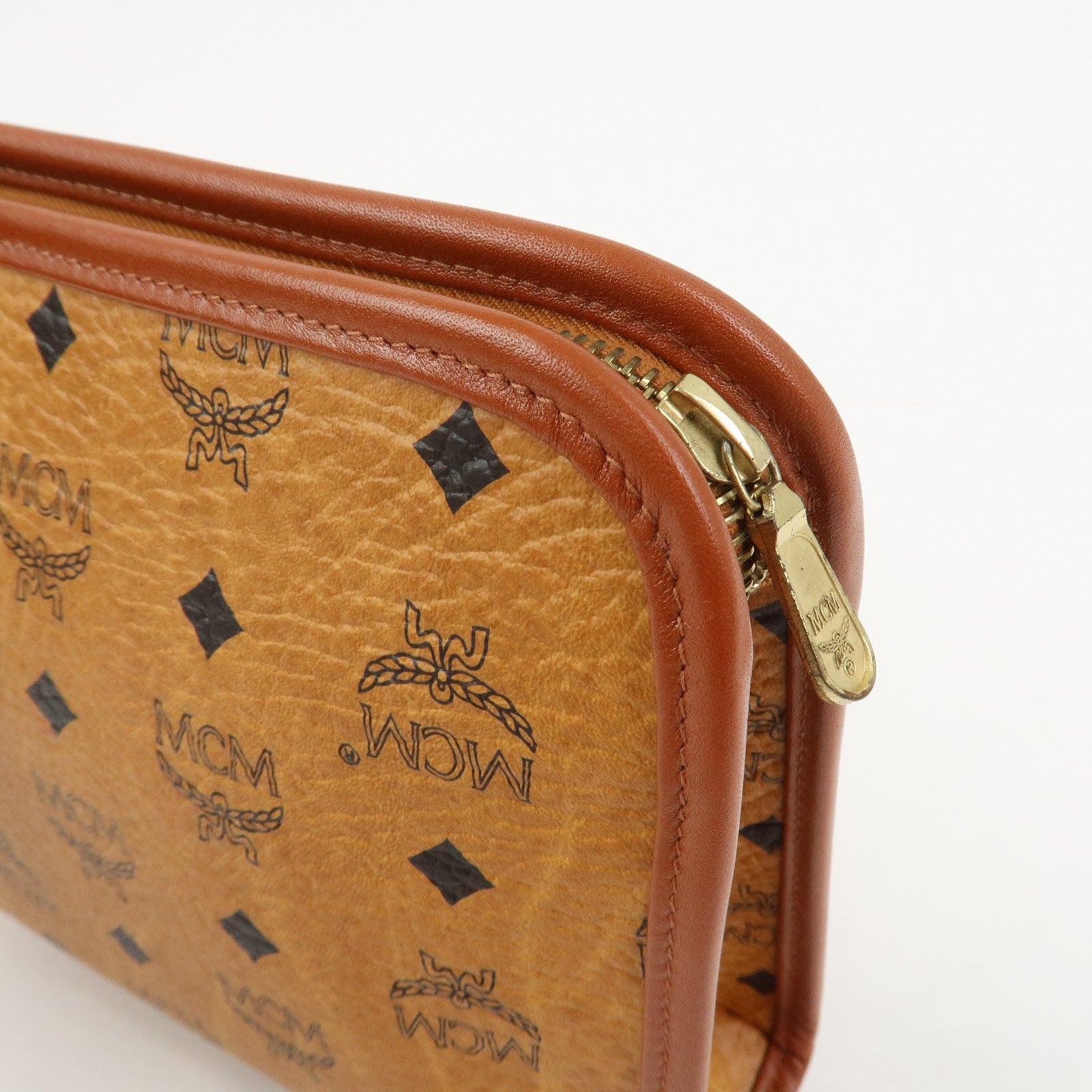 MCM Visetos Leather Clutch Bag Pouch Light Brown