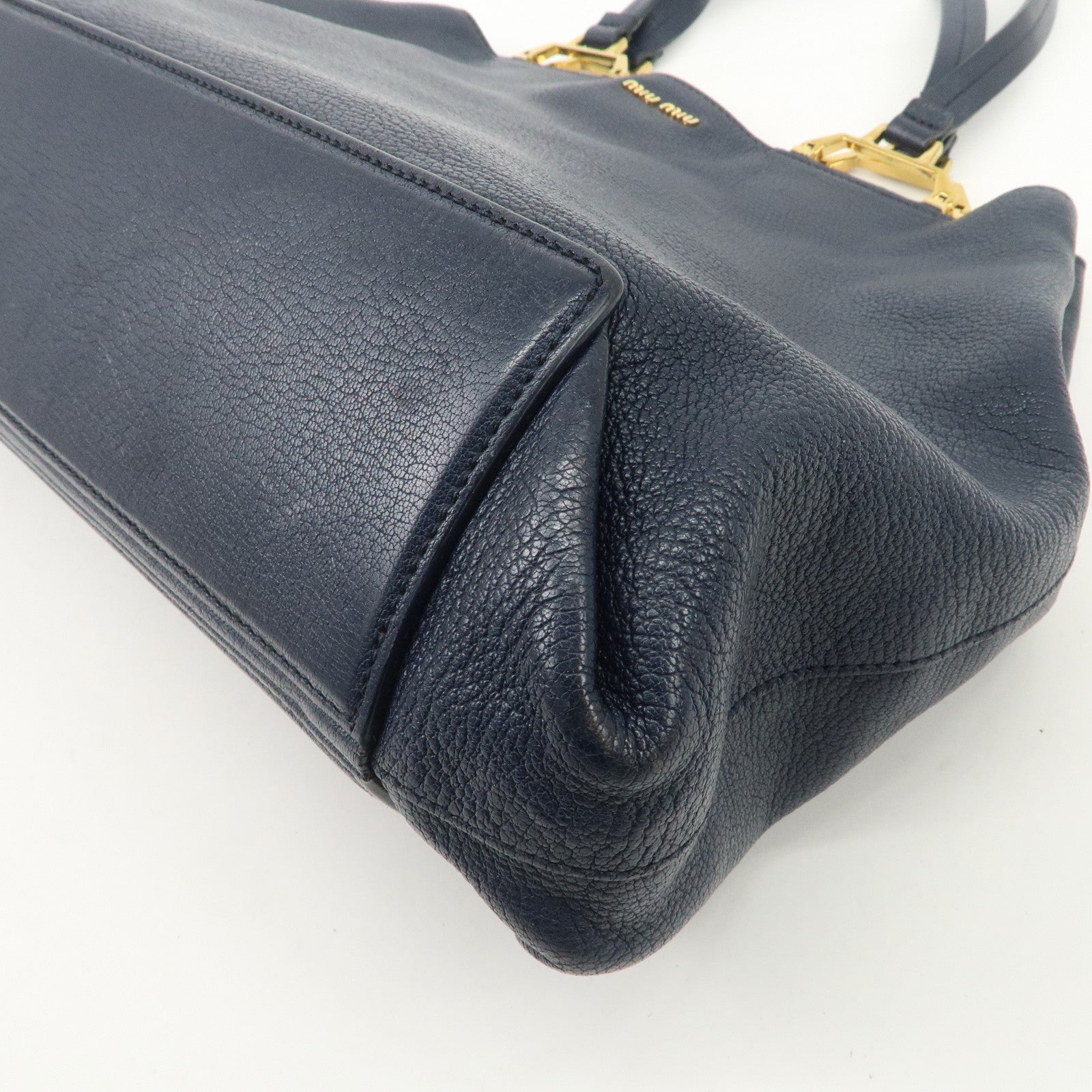 MIUMIU Logo Madras Leather Hand Bag Tote Bag Navy Gold Hardware Used