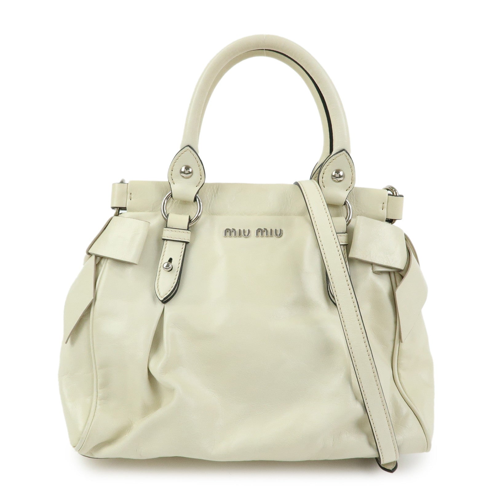 MIU MIU Logo Side Ribbon Leather 2Way Hand Bag Shoulder Bag Ivory