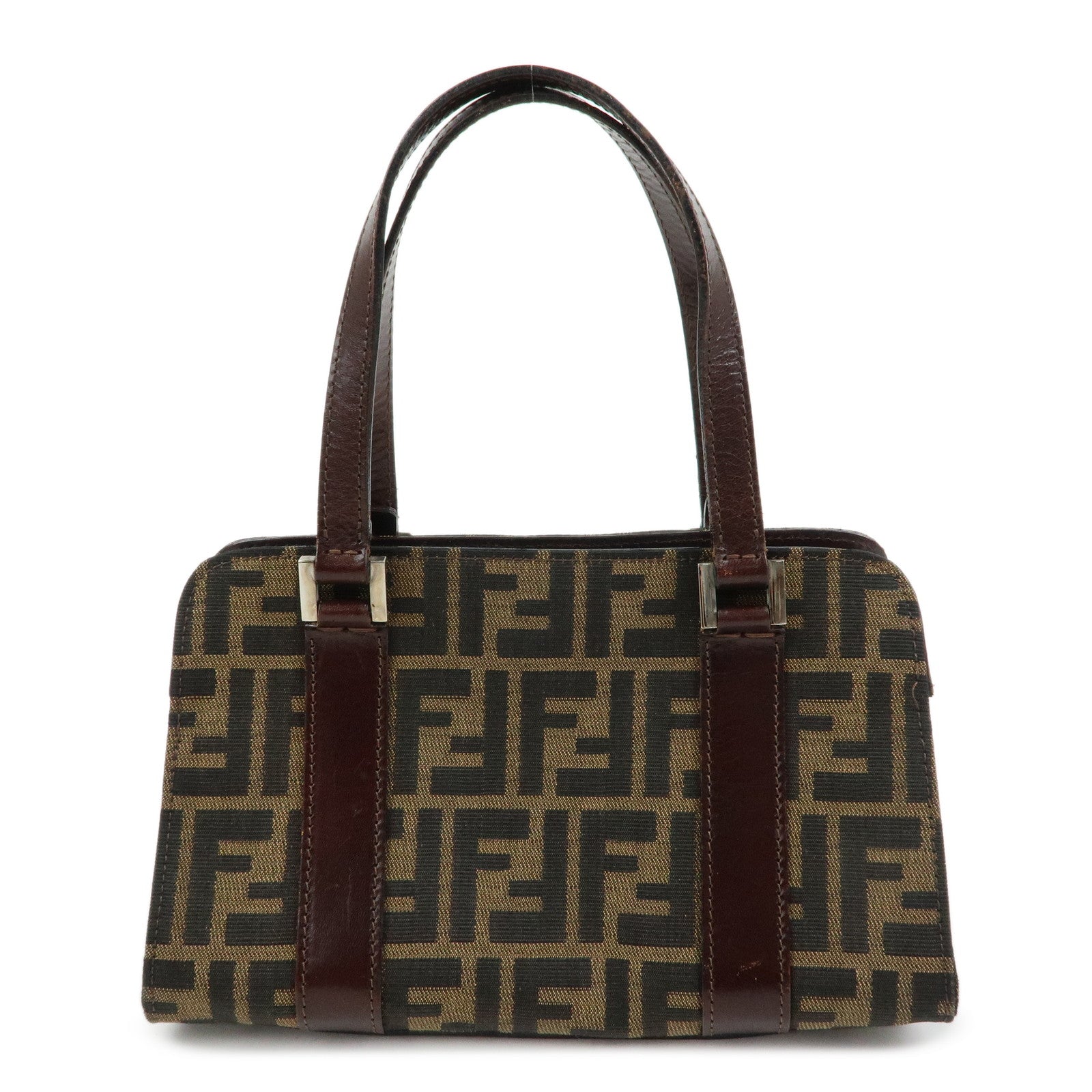 FENDI Zucca Jacquard Canvas Leather Top Handle Hand Bag Brown