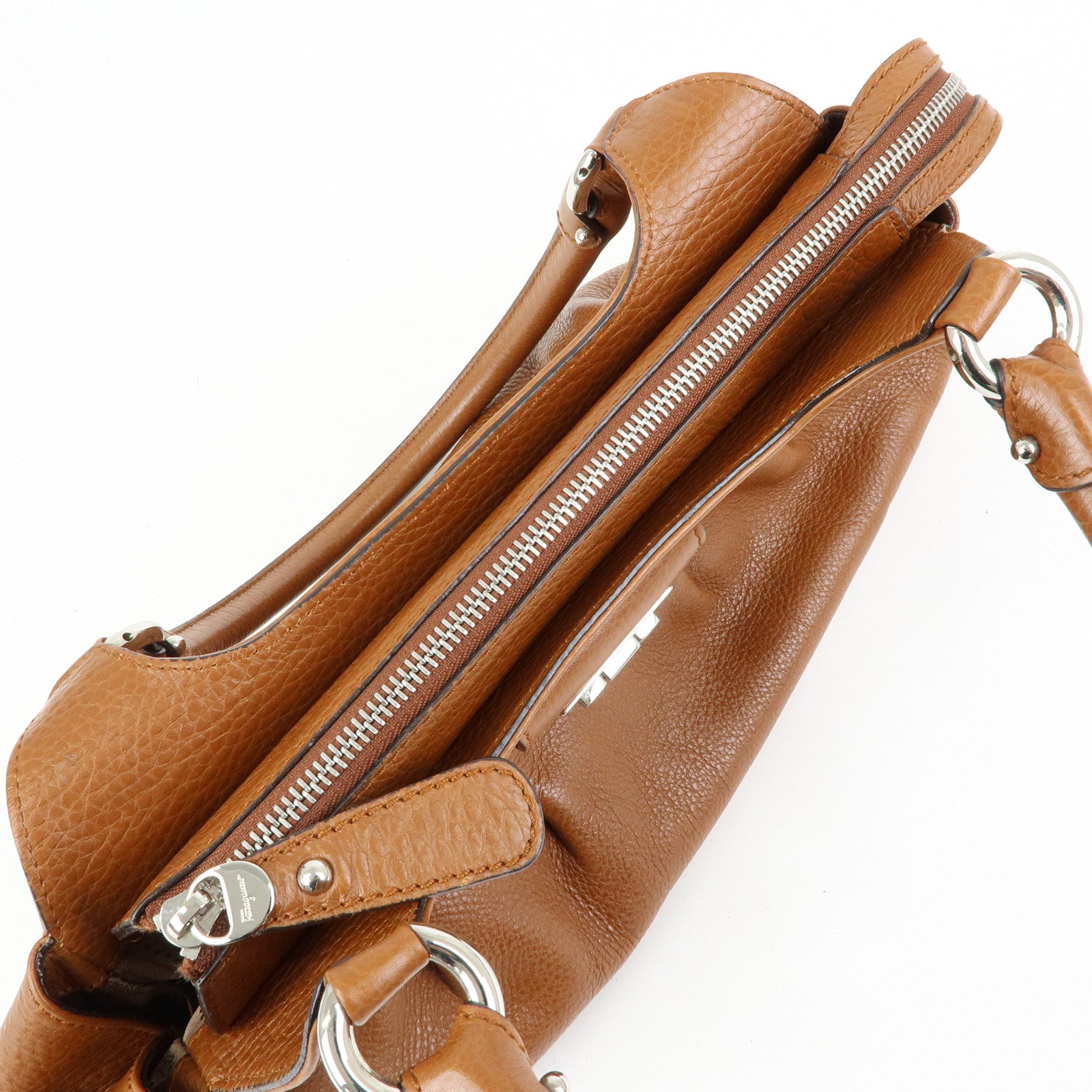 Ferragamo Gancini Leather Pleated Shoulder Bag Hand Bag Brown