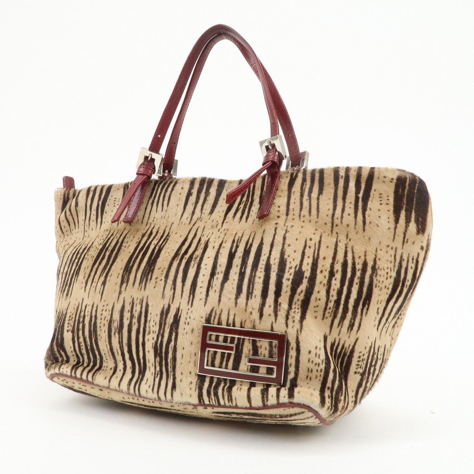 FENDI Calf Hair Leather Tote Bag Hand Bag Beige Red 26634