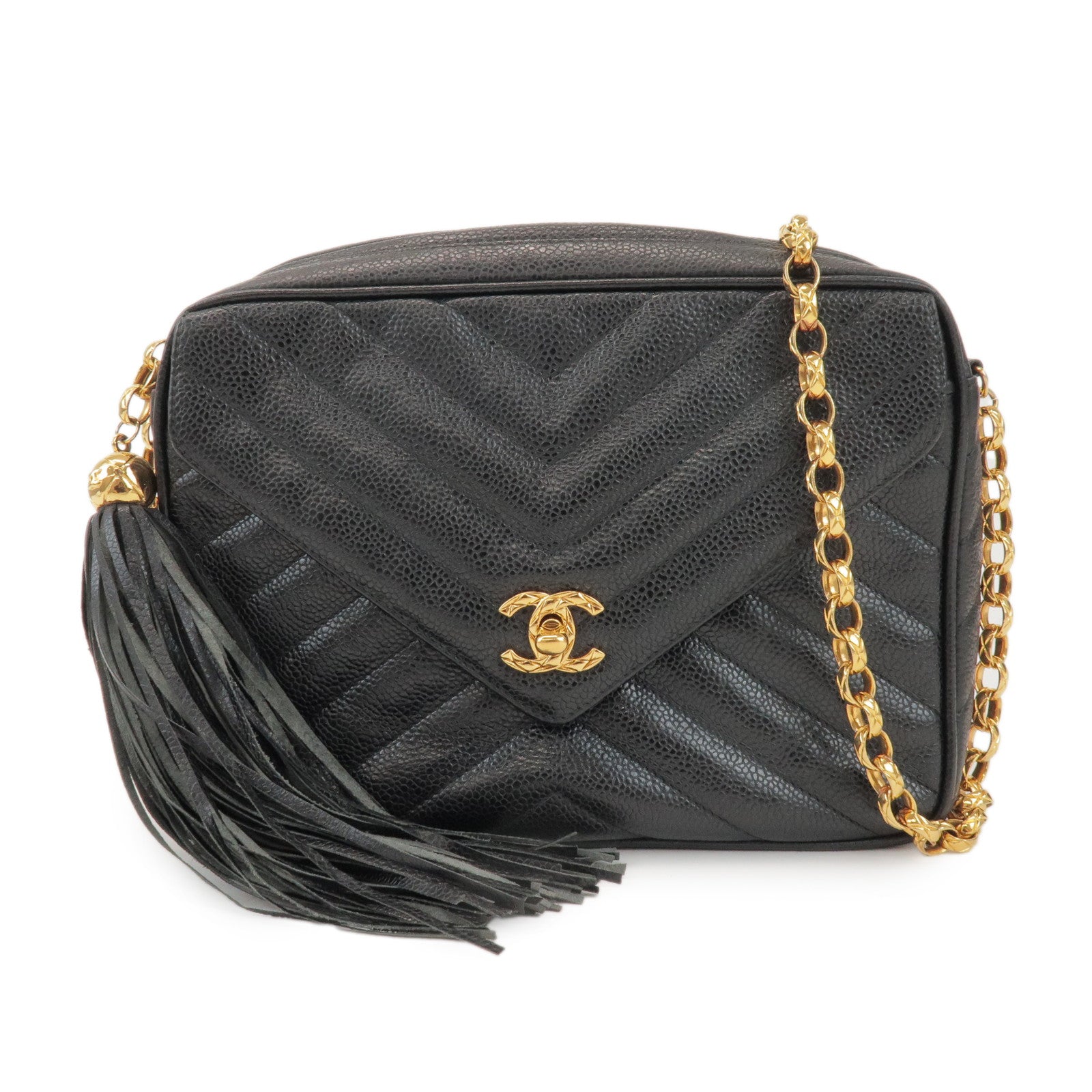 CHANEL Chevron V Stitch Caviarskin Chain Shoulder Bag Black