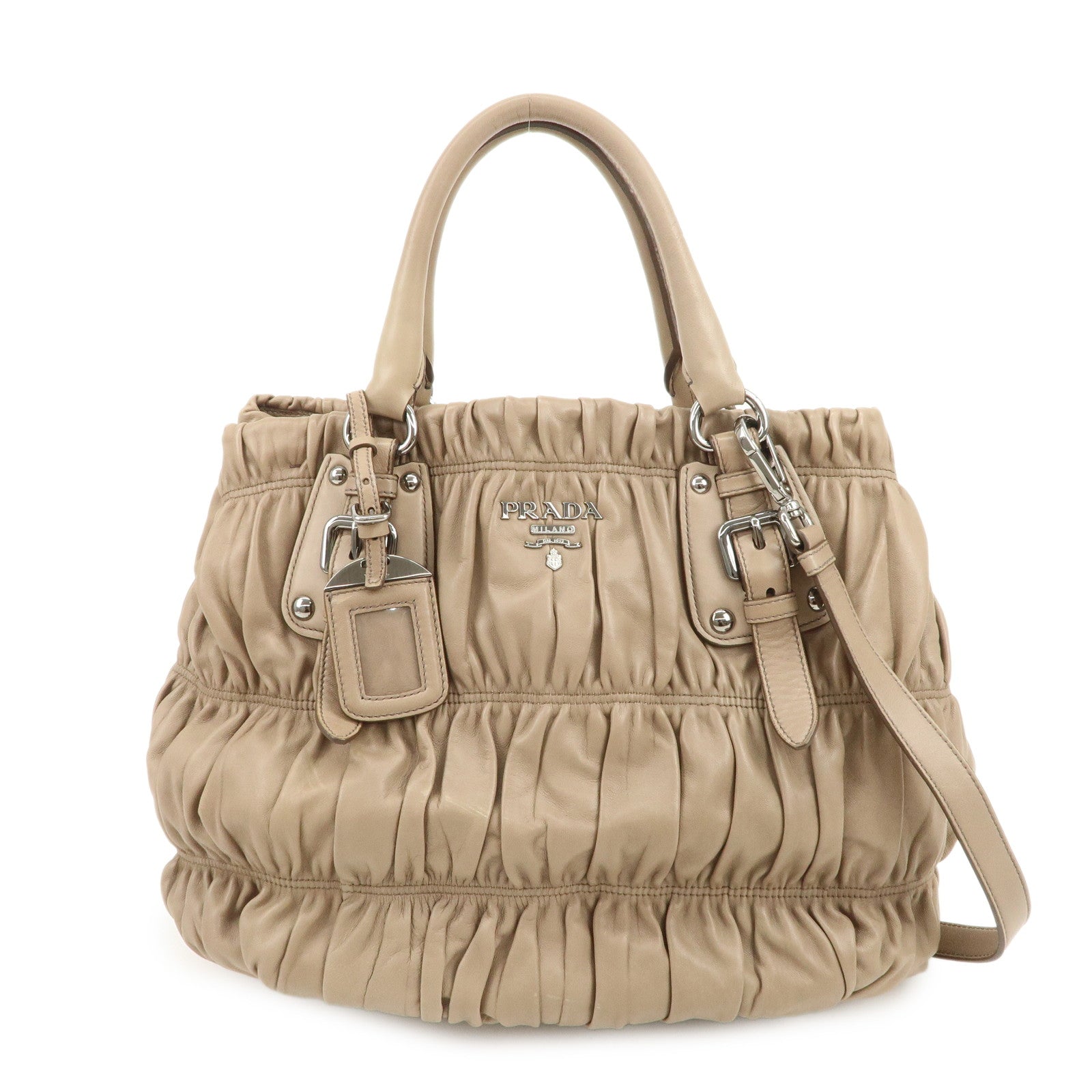 PRADA Logo Leather Gathered 2Way Shoulder Bag Hand Bag BN1789