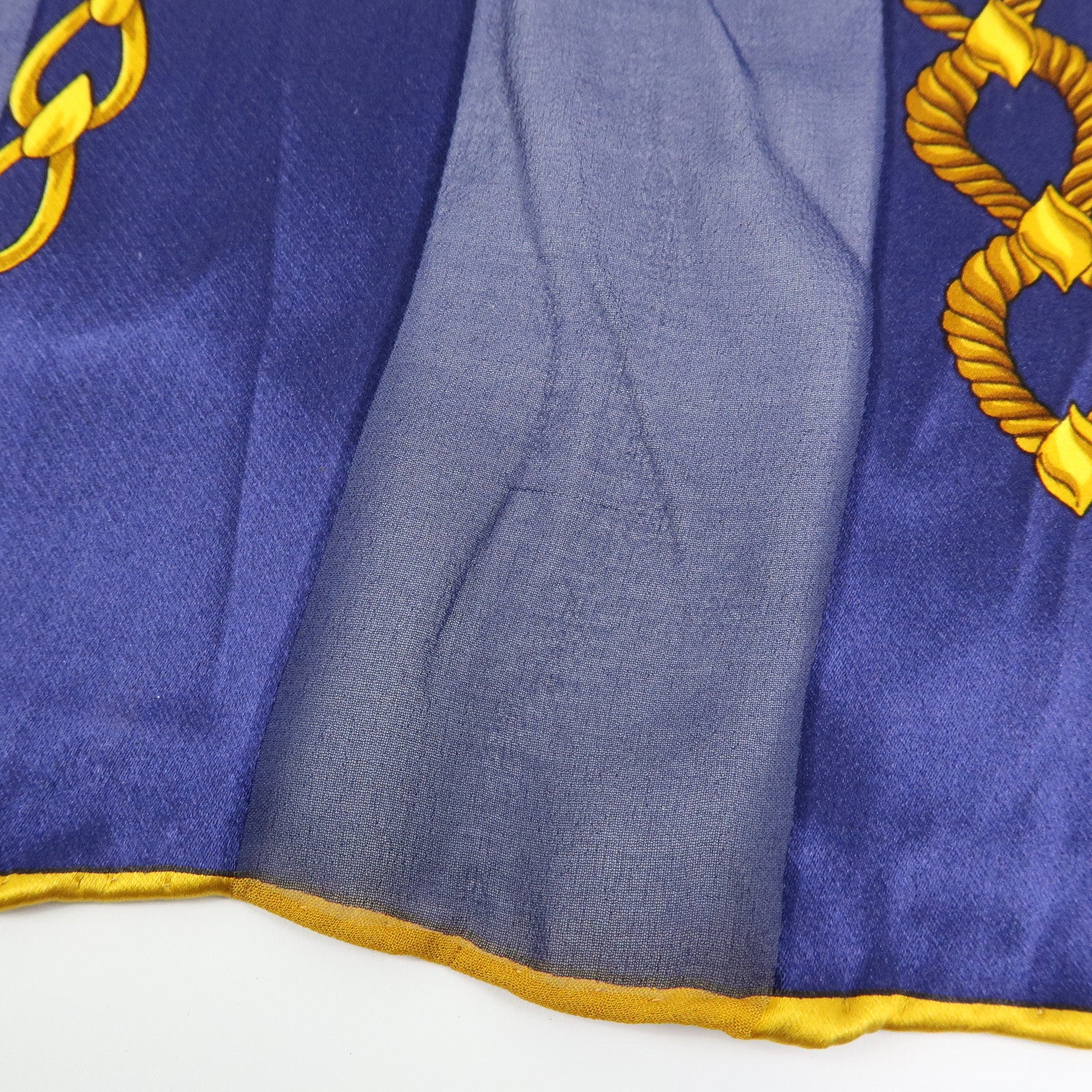 CELINE Silk 100% Chiffon Scarf Gold Chain Motif Navy Gold