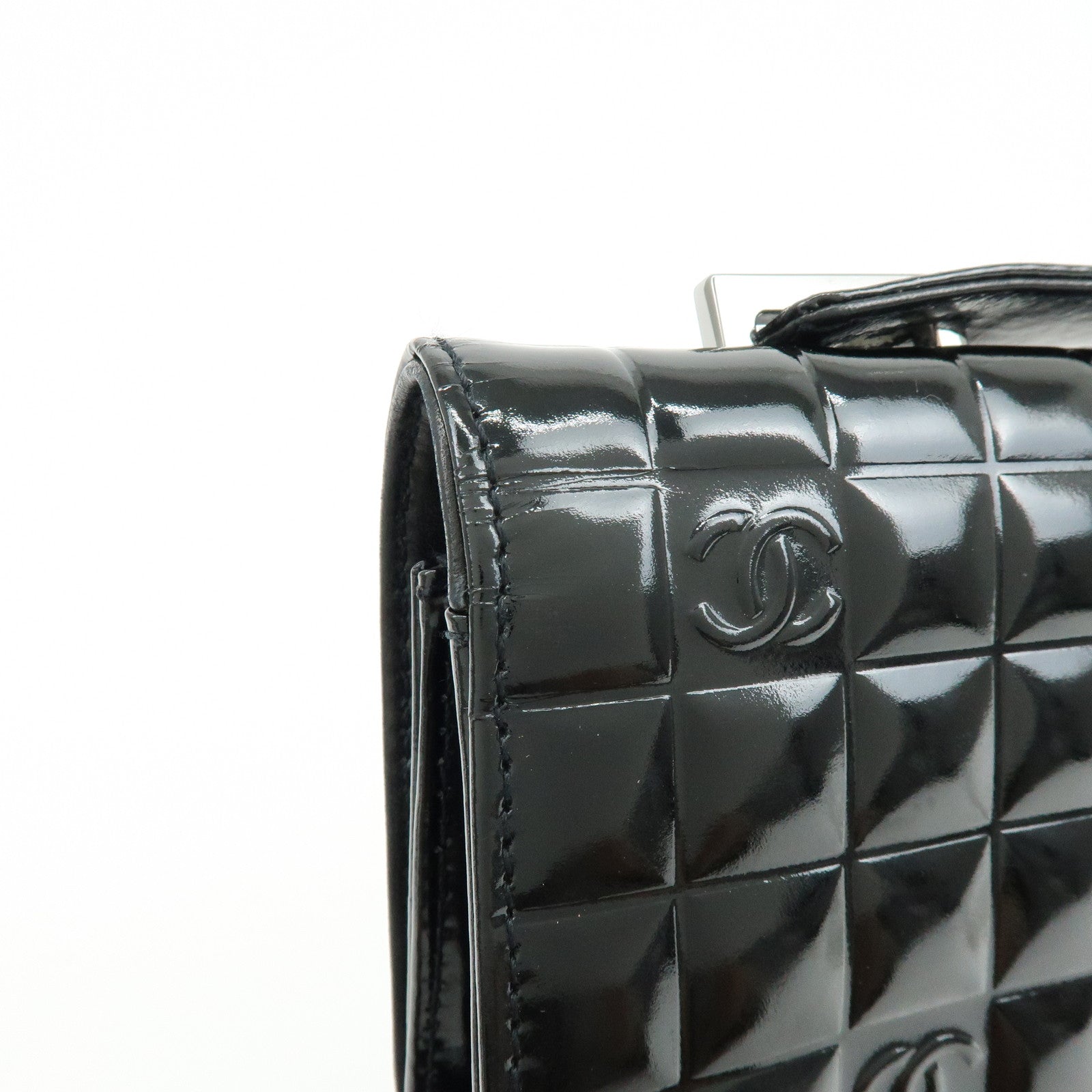 CHANEL Chocolate Bar COCO Mark Patent Leather Hand Bag Black