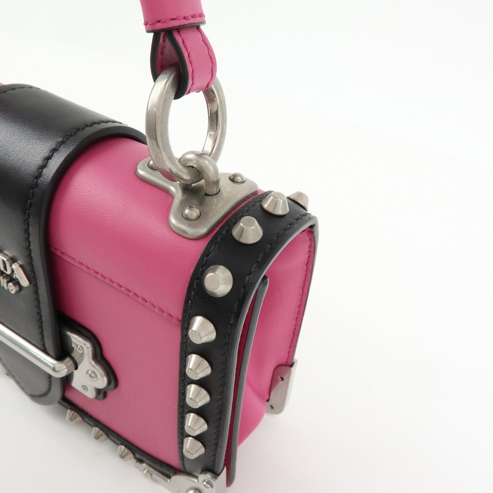 PRADA Cahier Calf Leather Studs Shoulder Bag Pink Black 1BH018