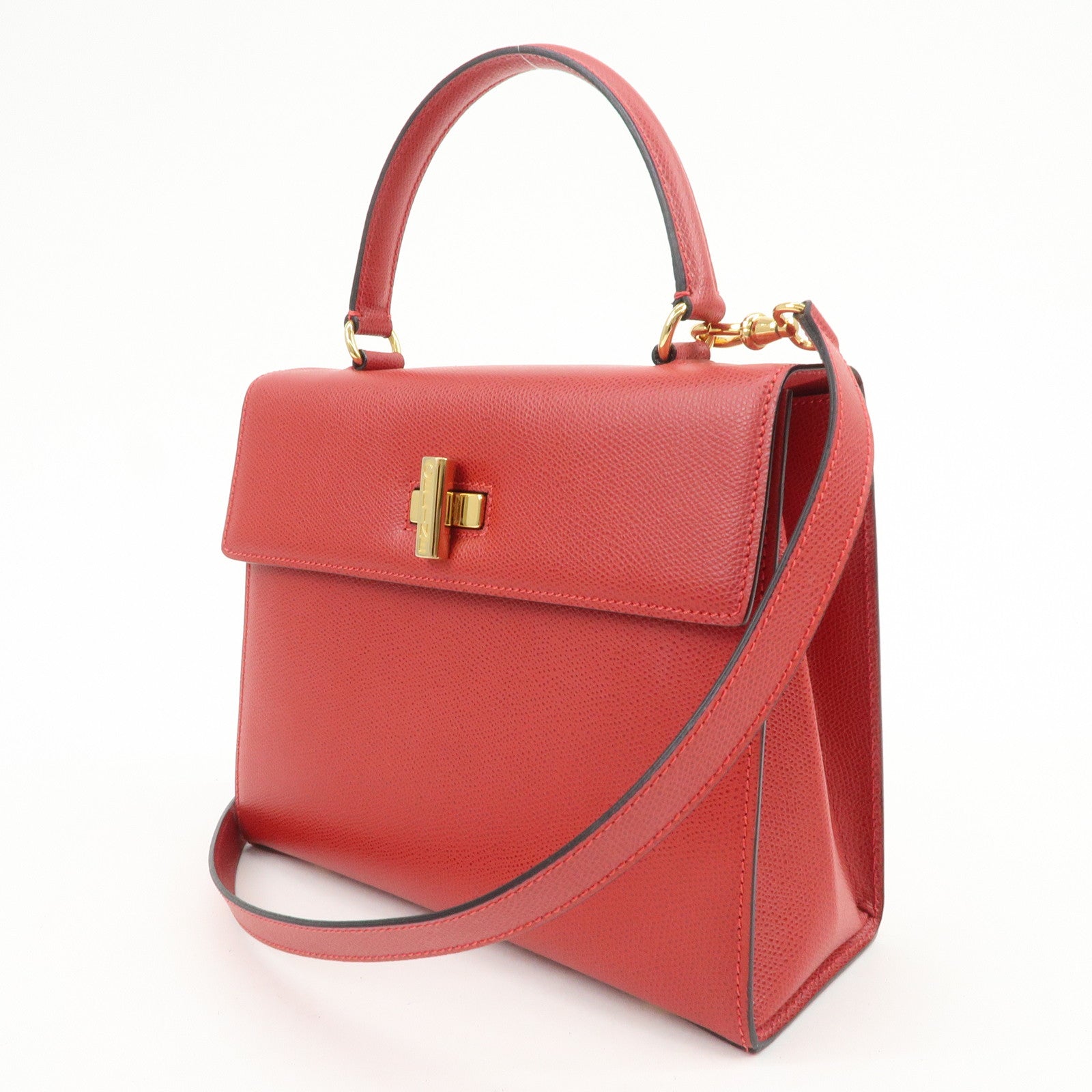 CELINE Leather Top Handle Turn Lock 2Way Hand Bag Shoulder Bag Red