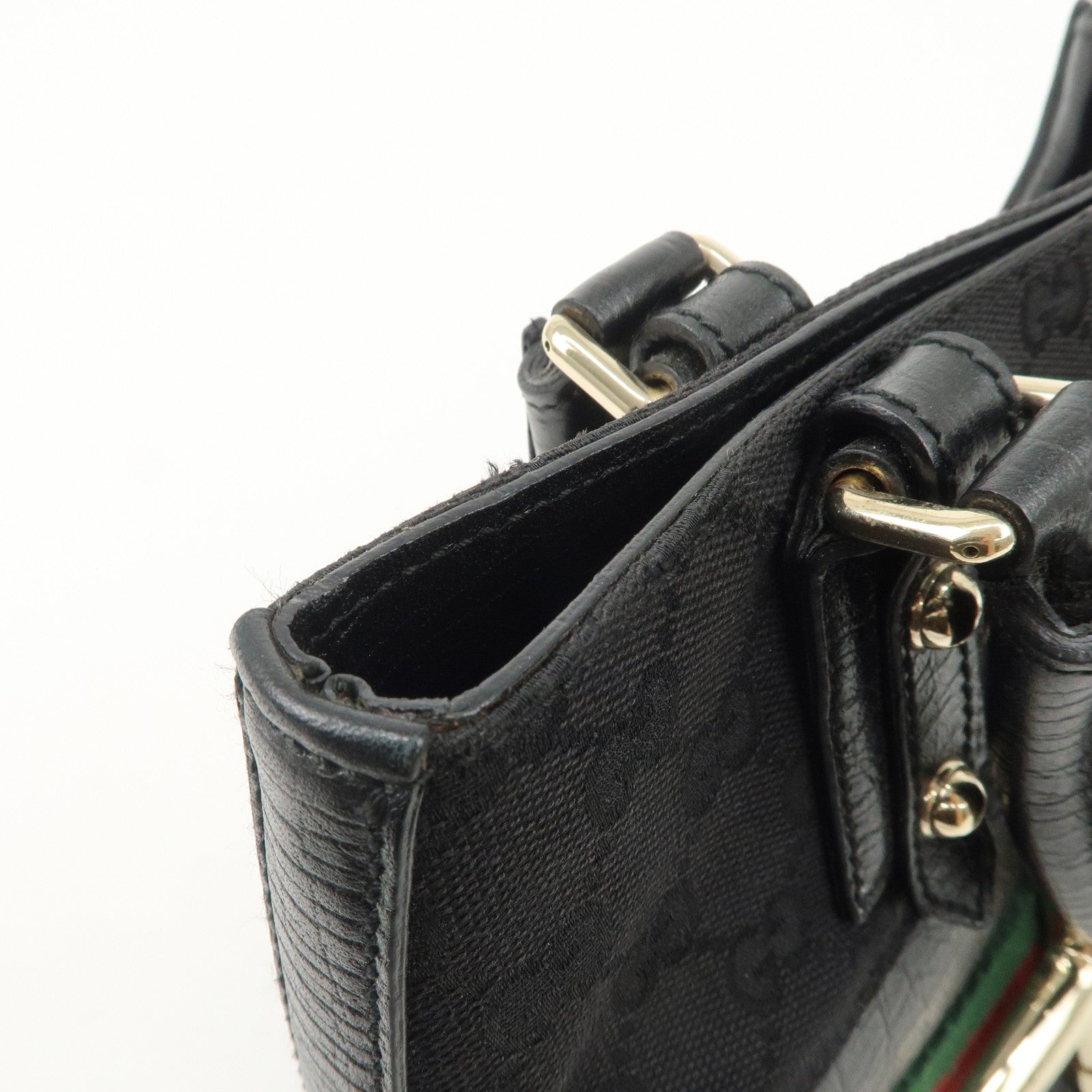 GUCCI Horsebit Sherry GG Canvas Leather Hand Bag Black 137475