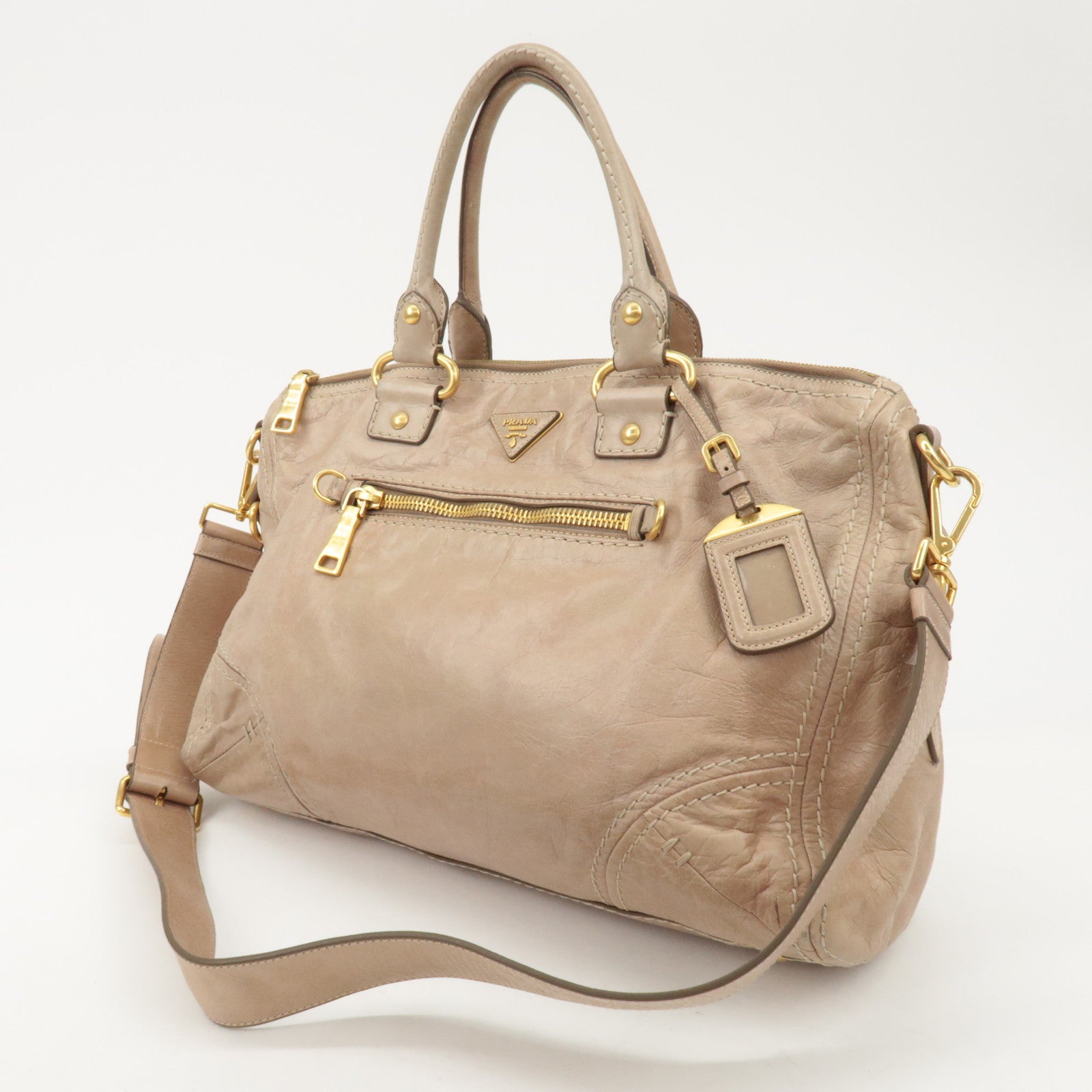 PRADA Triangle Logo Leather 2Way Bag Tote Bag Shoulder Bag Beige Used