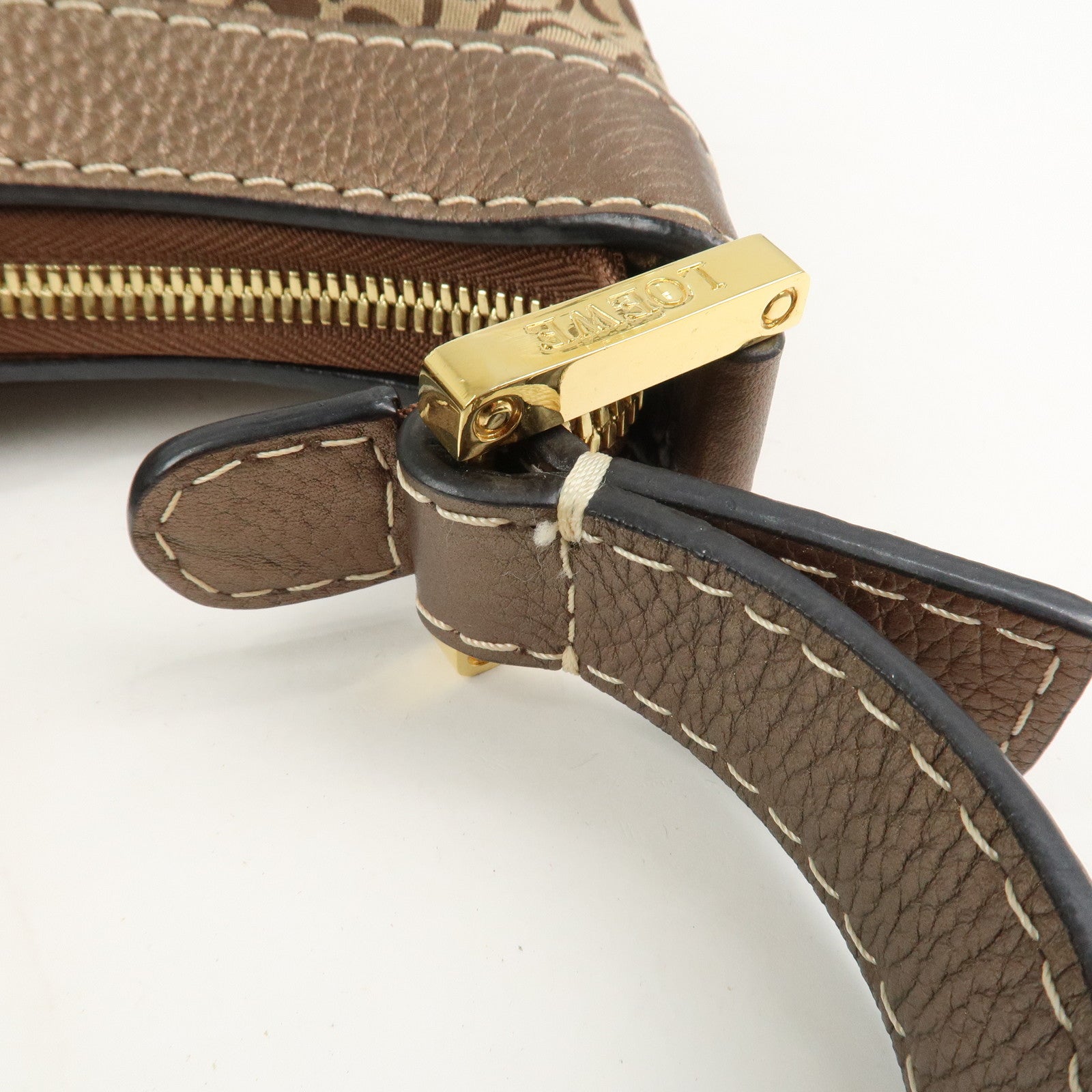 LOEWE New Road Line Logo Canvas Leather Shoulder Bag Brown Beige