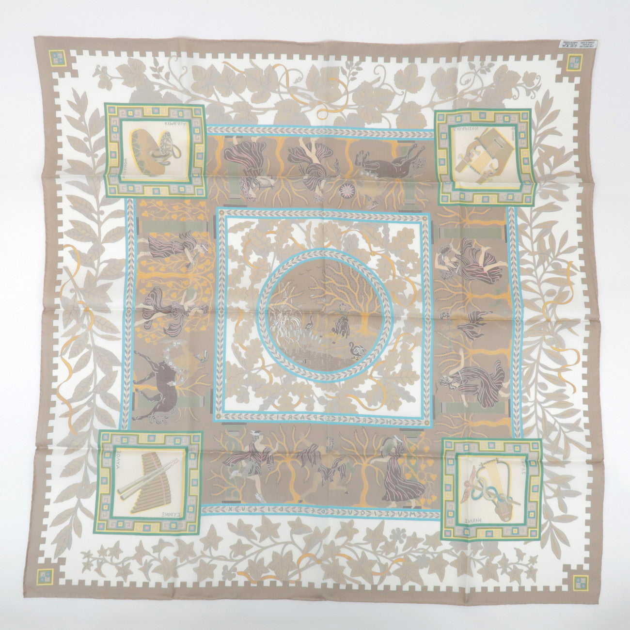 HERMES Carre 90 Silk 100% Scarf MUSIQUE DES DIEUX Brown Blue
