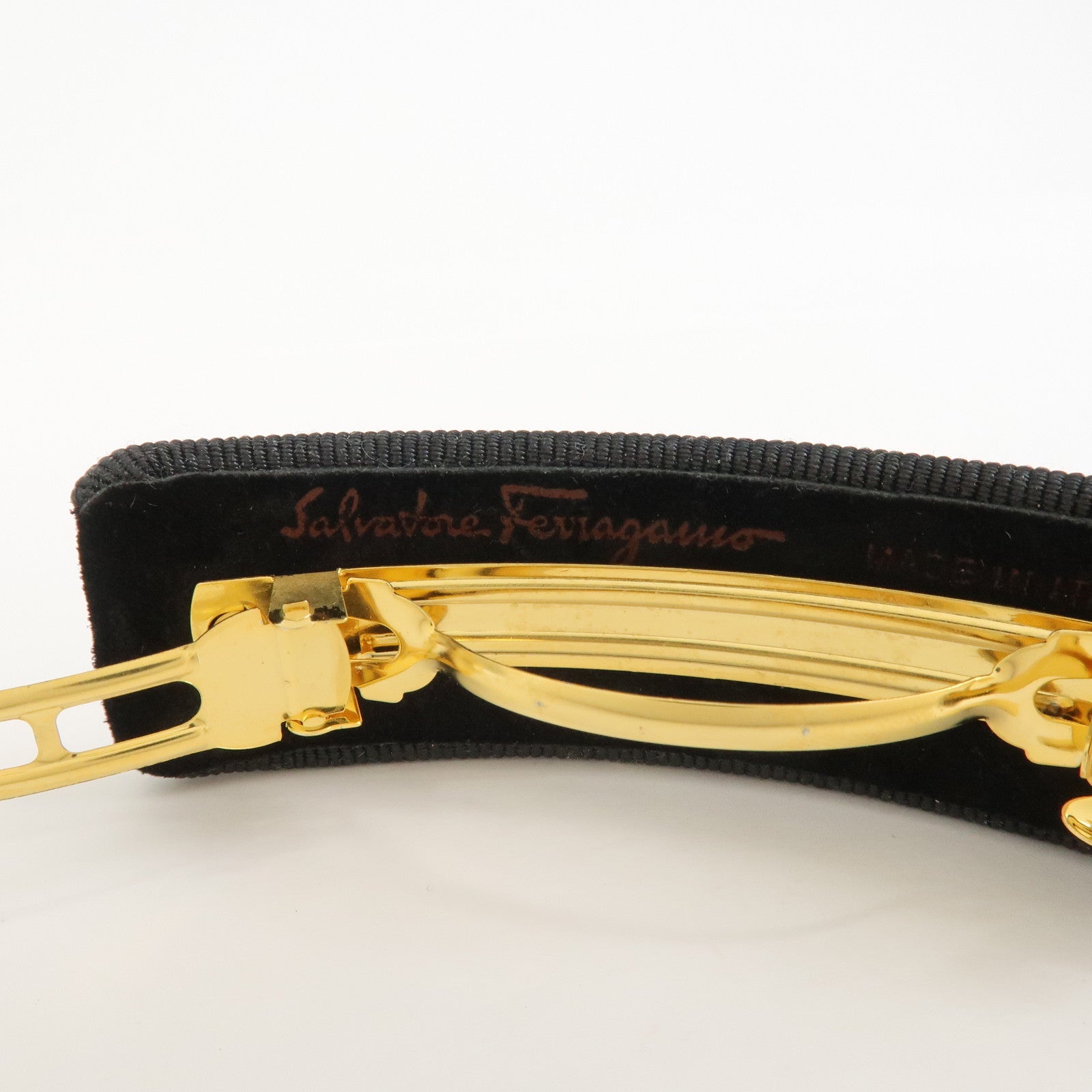 Ferragamo Gancini Logo Canvas Barrette Hair Clip Black Gold