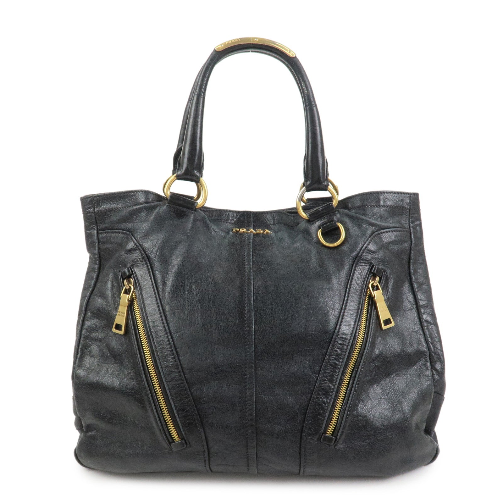 PRADA Logo Leather Tote Bag Shoulder Bag Black