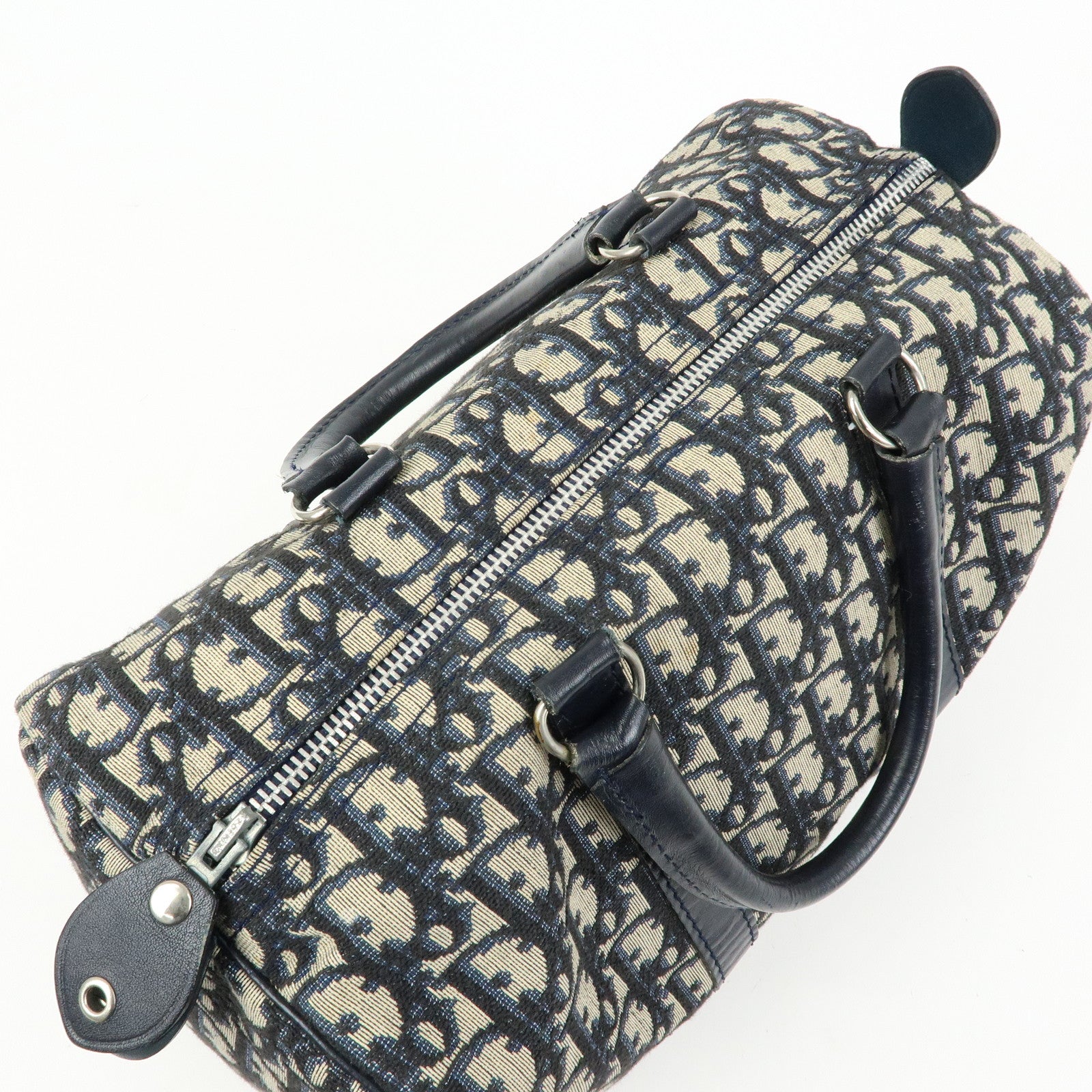 Christian Dior Trotter Jacquard Leather Boston Bag Hand Bag Navy