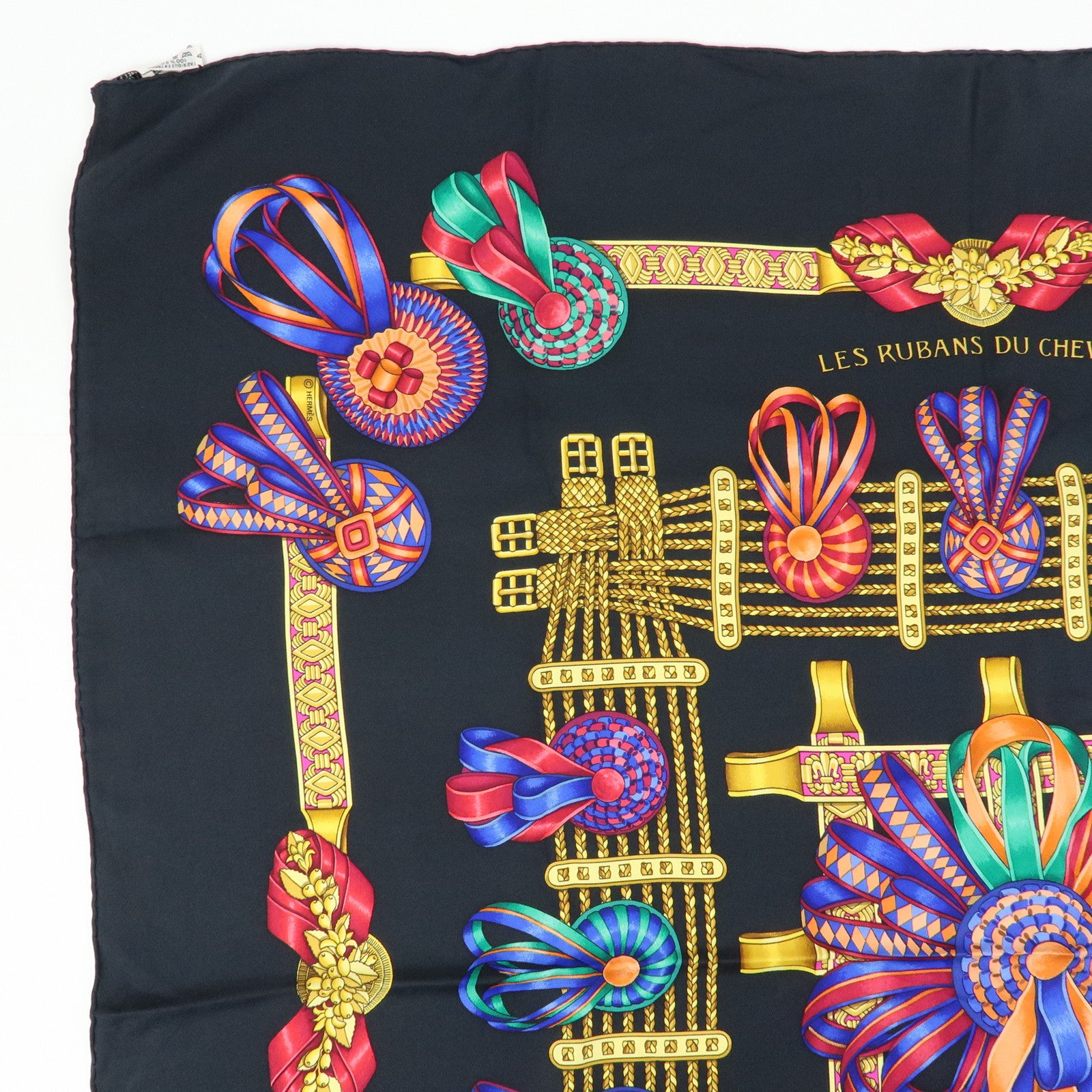 HERMES Carre 90 Silk 100% Scarf LES RUBANS DU CHEVAL Black