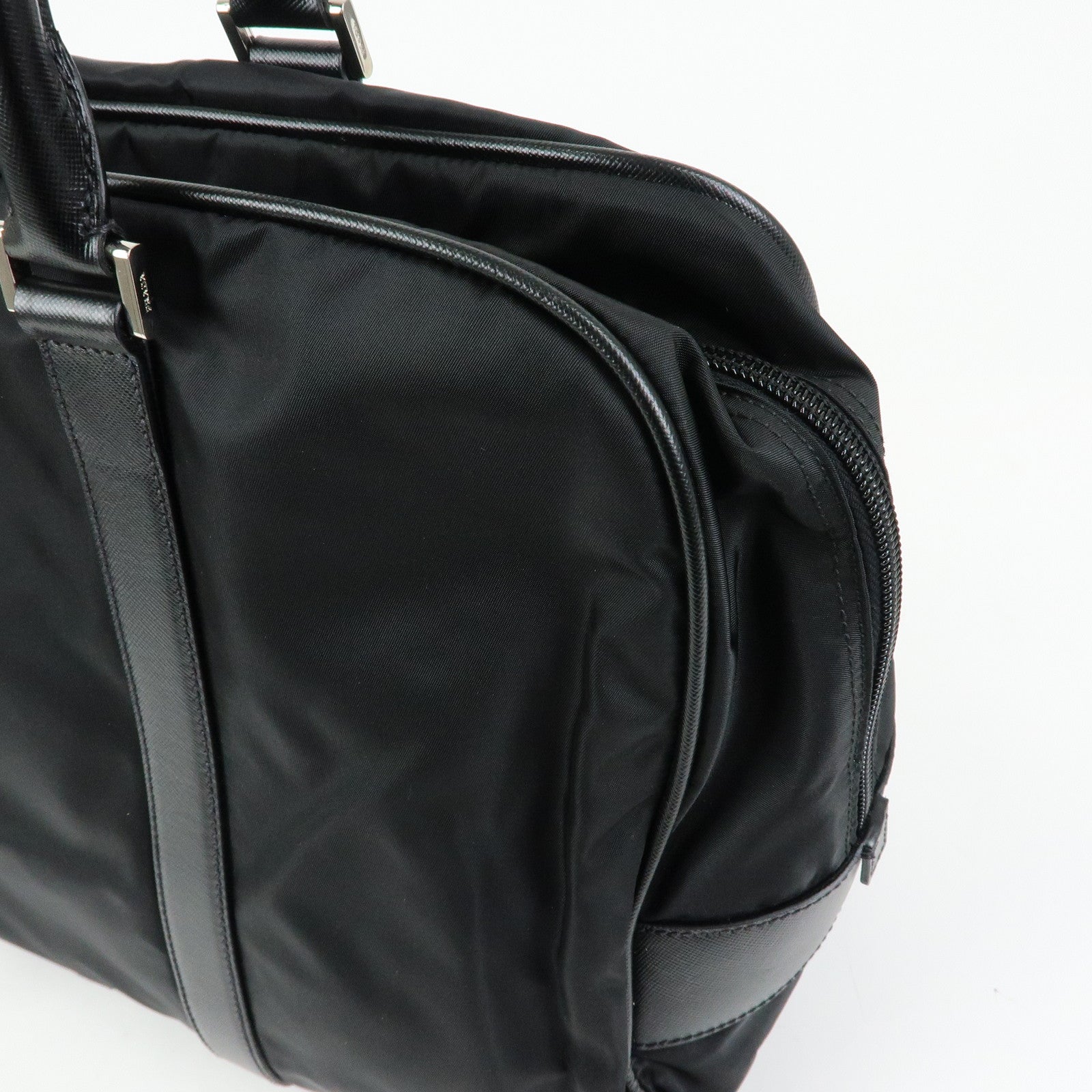 PRADA Triangle Logo Nylon Saffiano Leather Boston Bag Black VS0069