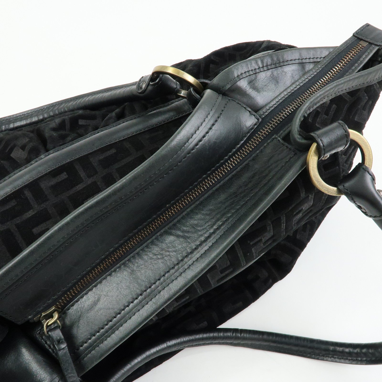 FENDI Zucca Suede Leather Gathered Shoulder Bag Black 8BH186