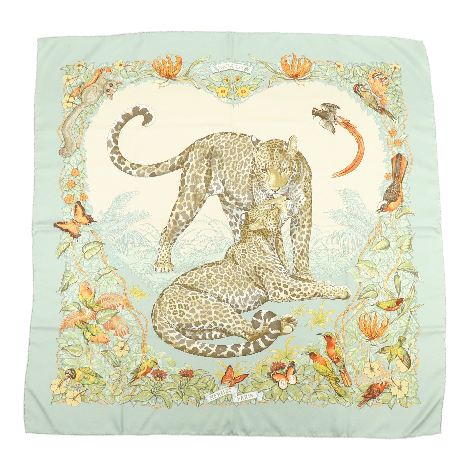 HERMES Carre 90 Silk 100% Scarf JUNGLE LOVE Light Green Ivory