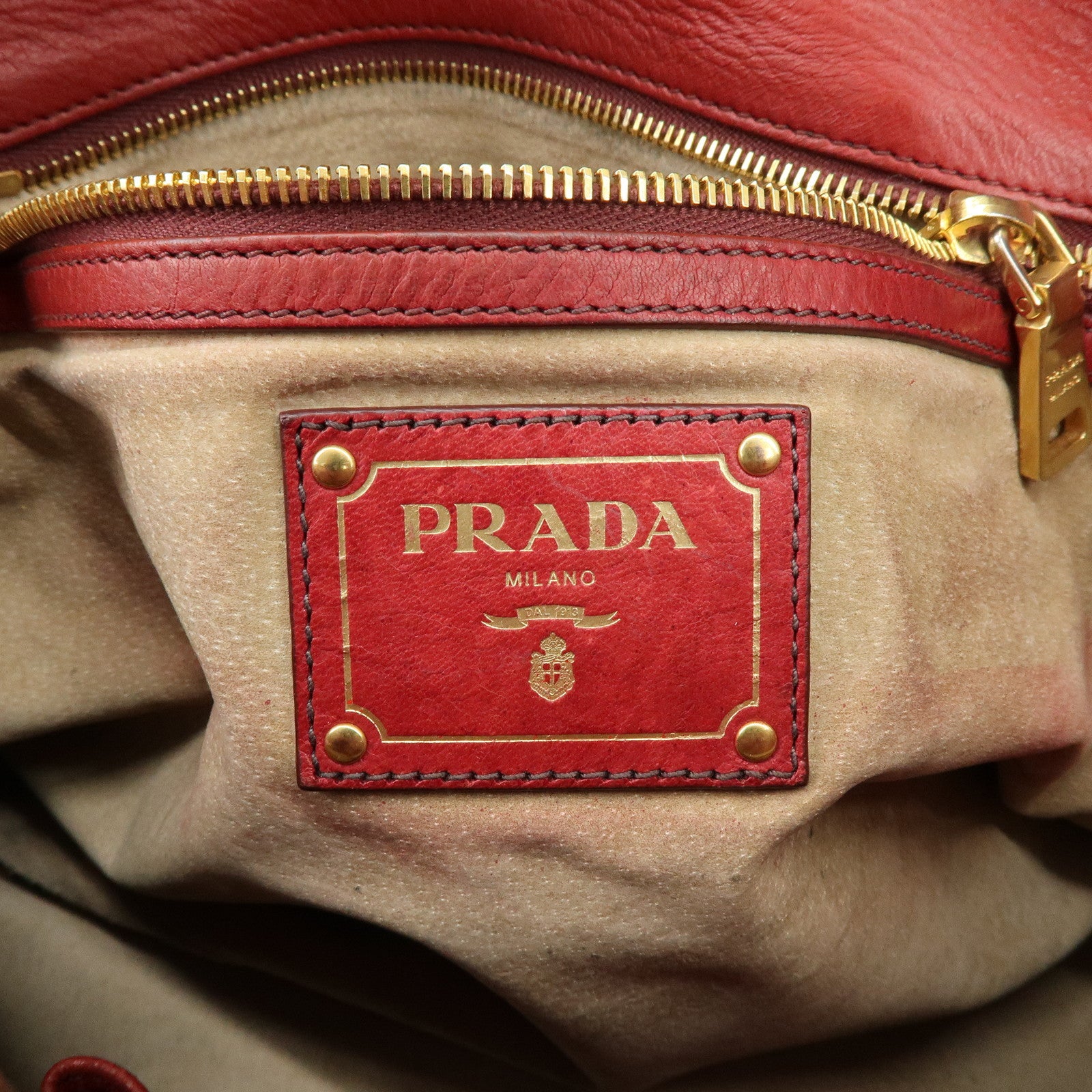 PRADA Cervo Shine Leather Bowler Bag 2Way Tote Bag Red BL0688