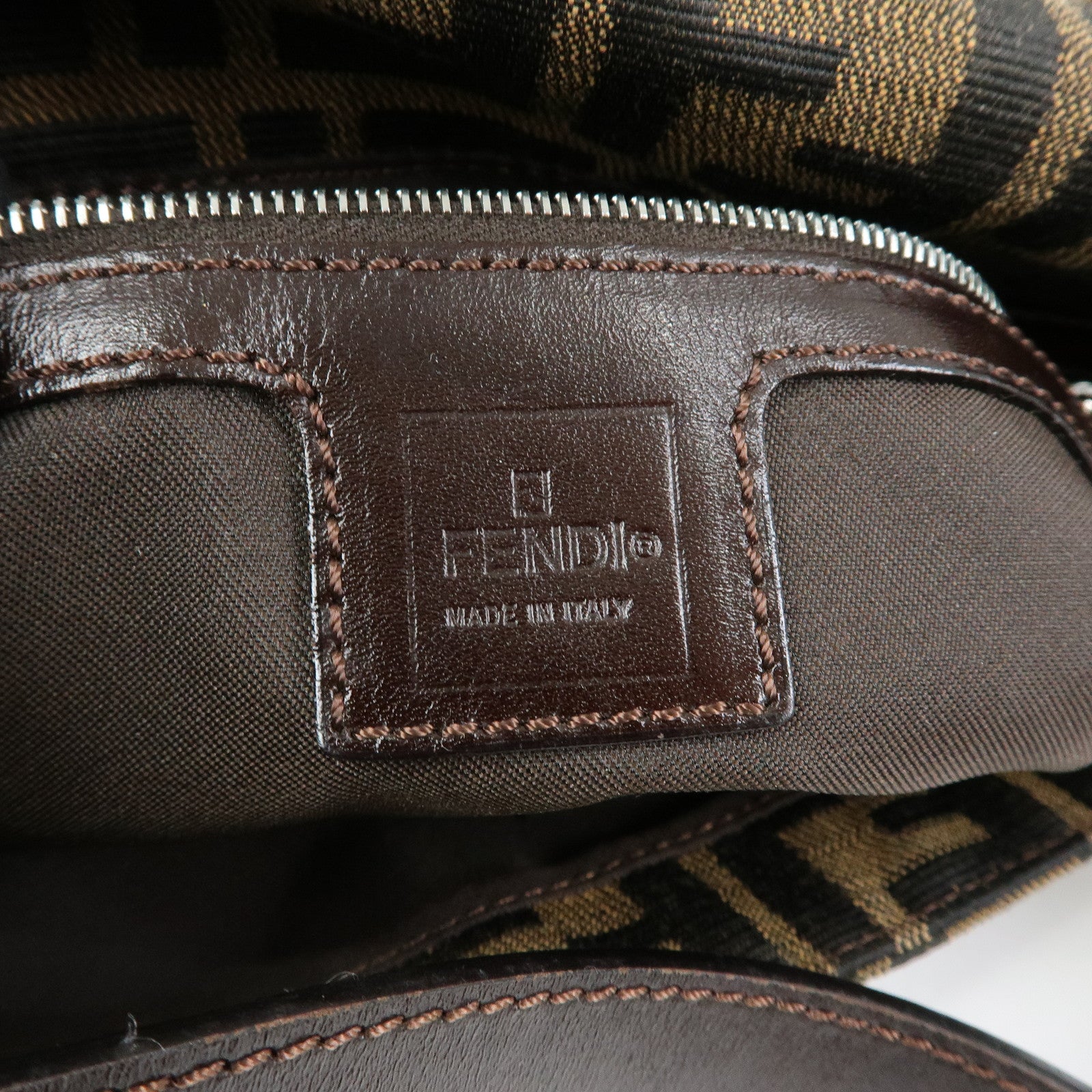 FENDI Mamma Baguette Zucca Canvas Leather Shoulder Bag Brown 26424