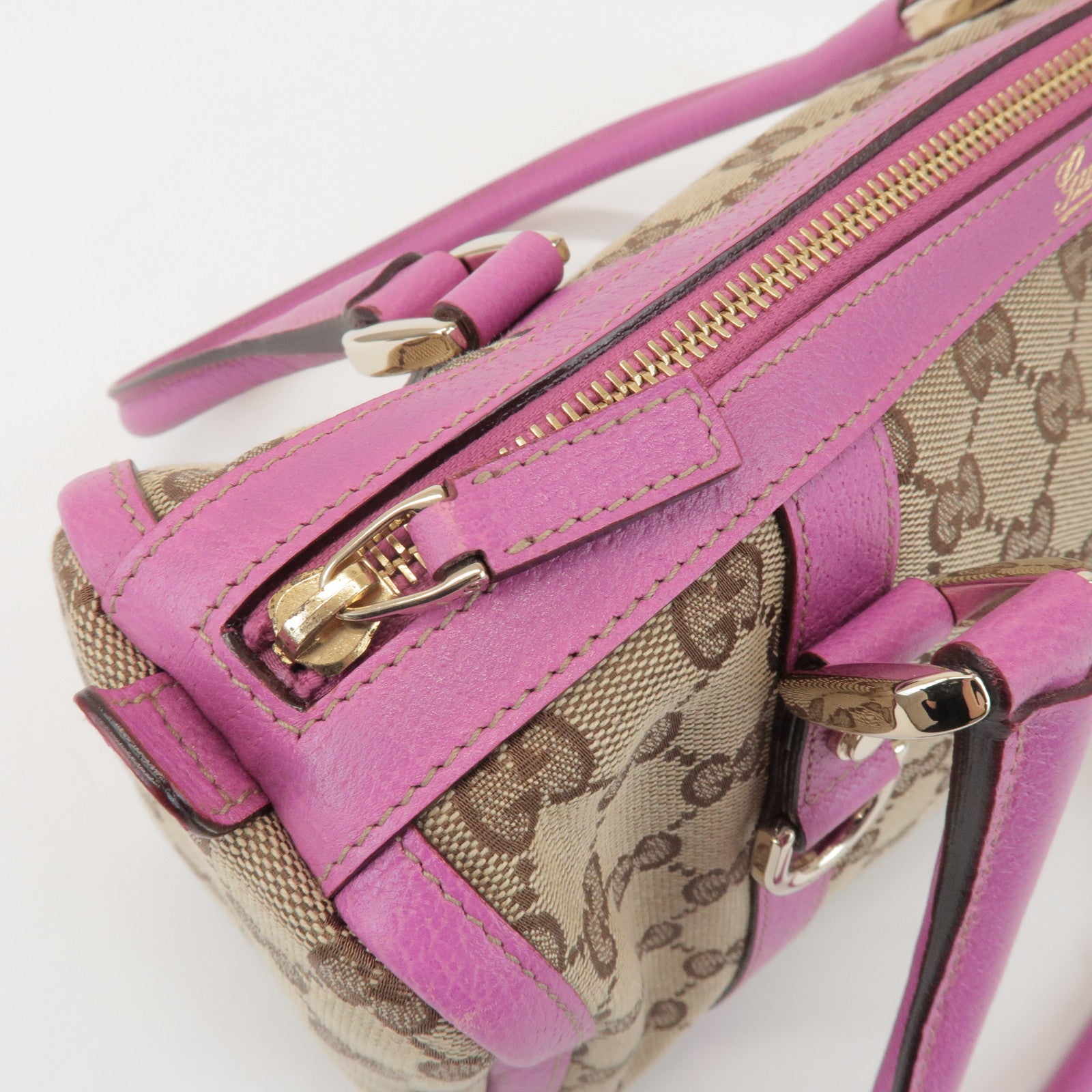 GUCCI Abbey GG Canvas Leather Mini Boston Bag Beige Fuchsia 130942