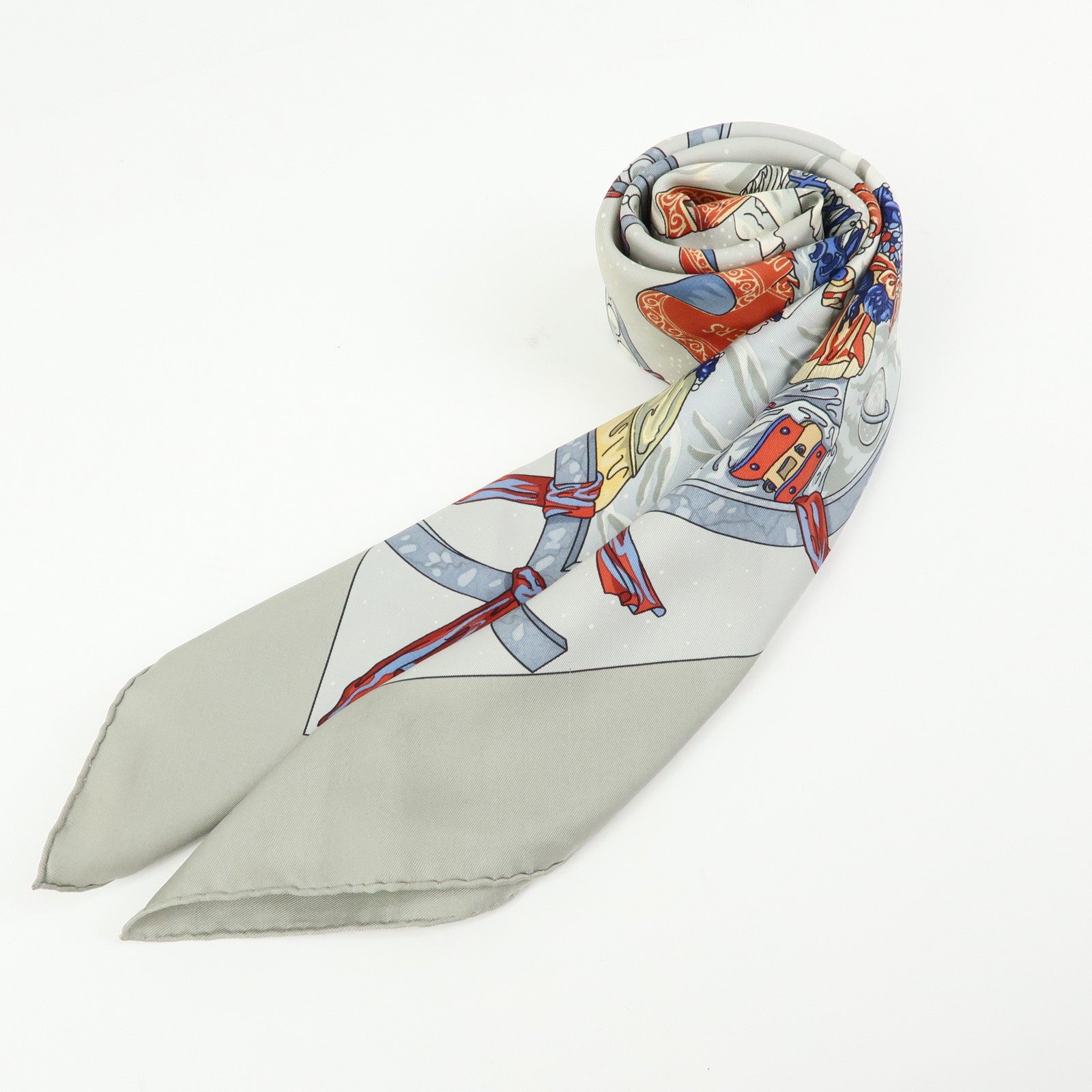 HERMES Carre 90 Silk 100% Scarf CAVALIERS DES NUAGES Gray Blue