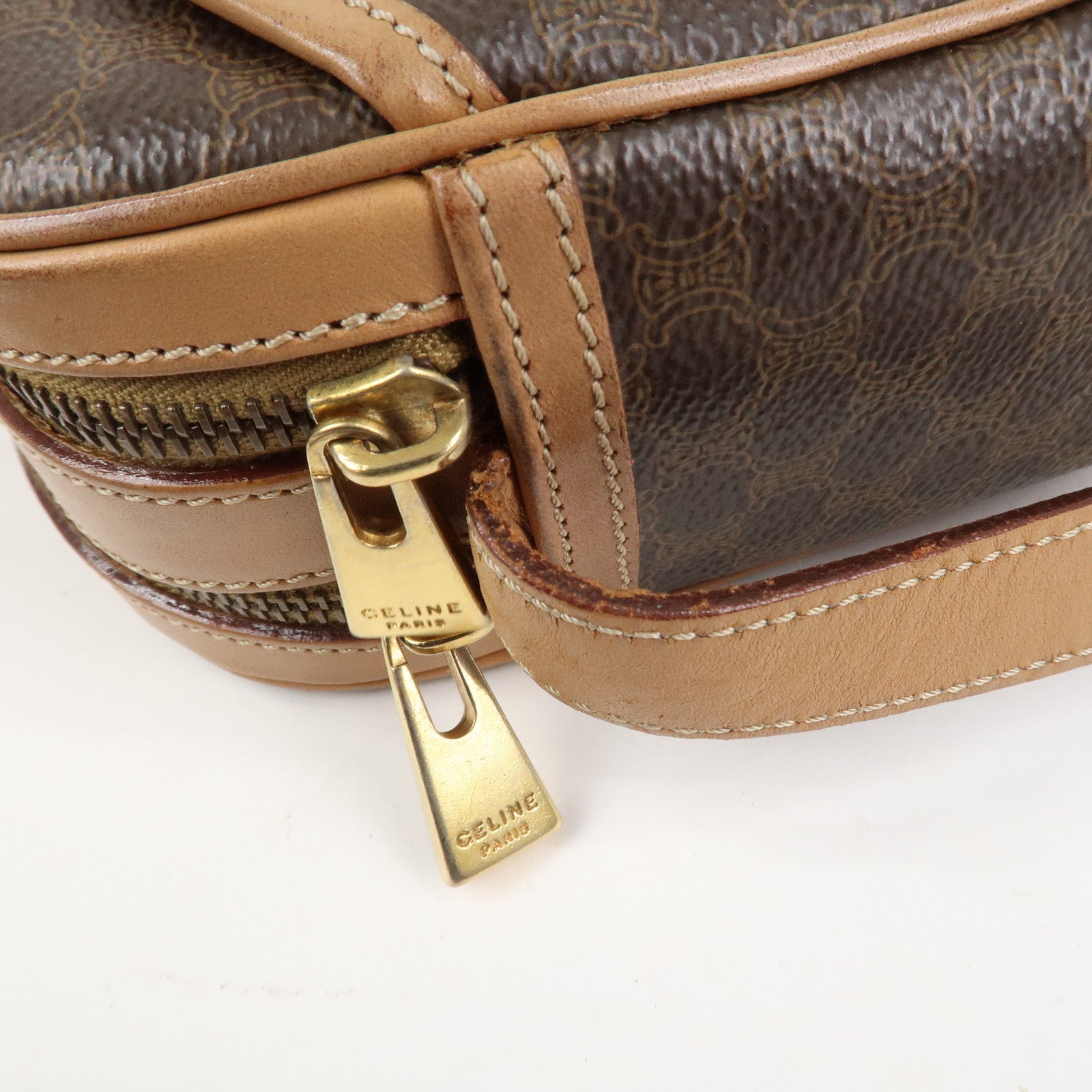 CELINE Macadam Leather Shoulder Bag Beige Brown Gold Hardware