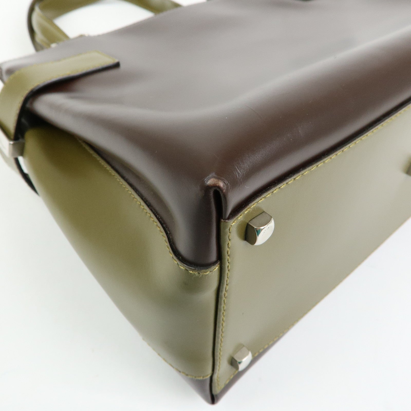 Ferragamo Gancini Leather 2Way Hand Bag Shoulder Bag Brown Khaki