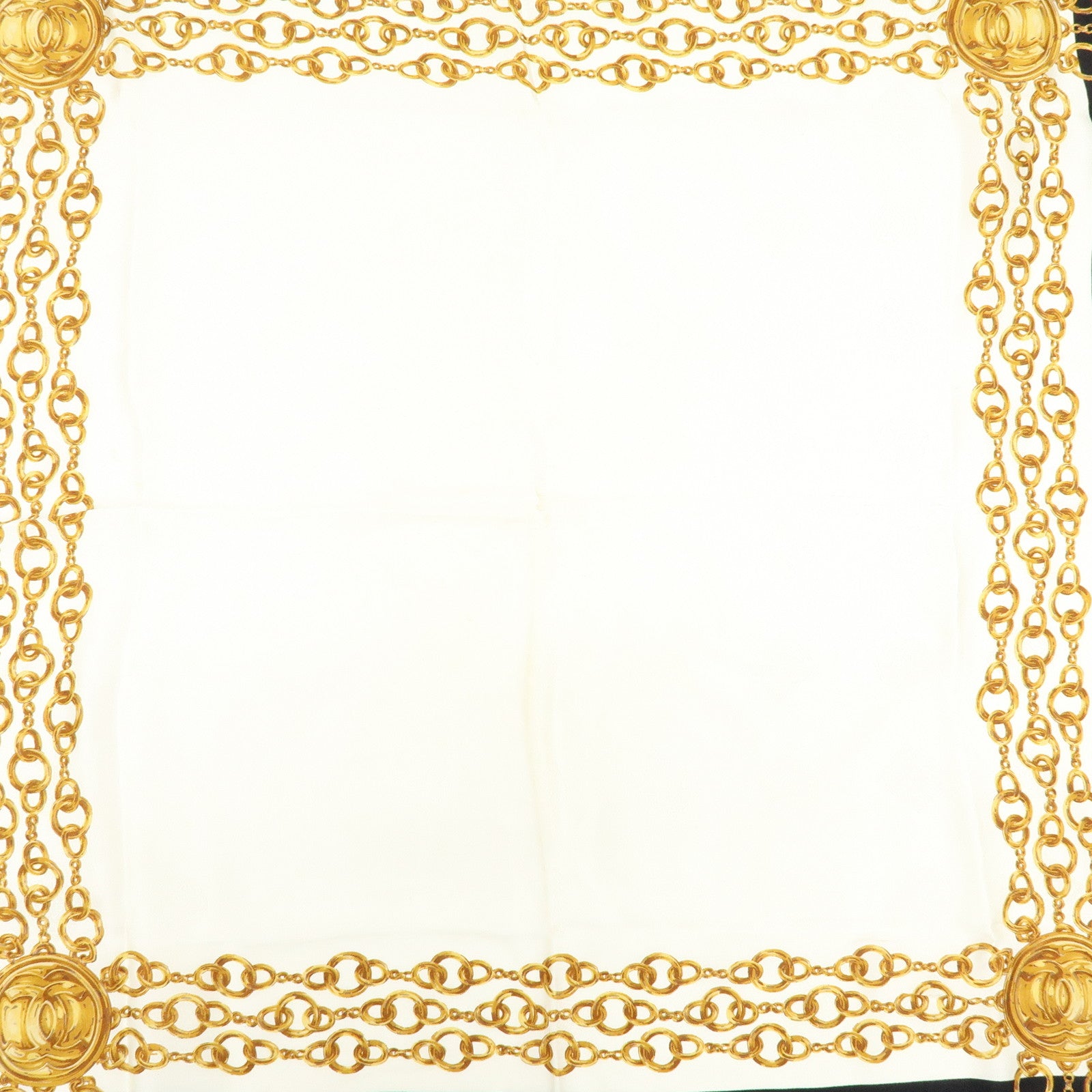 CHANEL Silk 100% Scarf Gold Chain Motif Black White