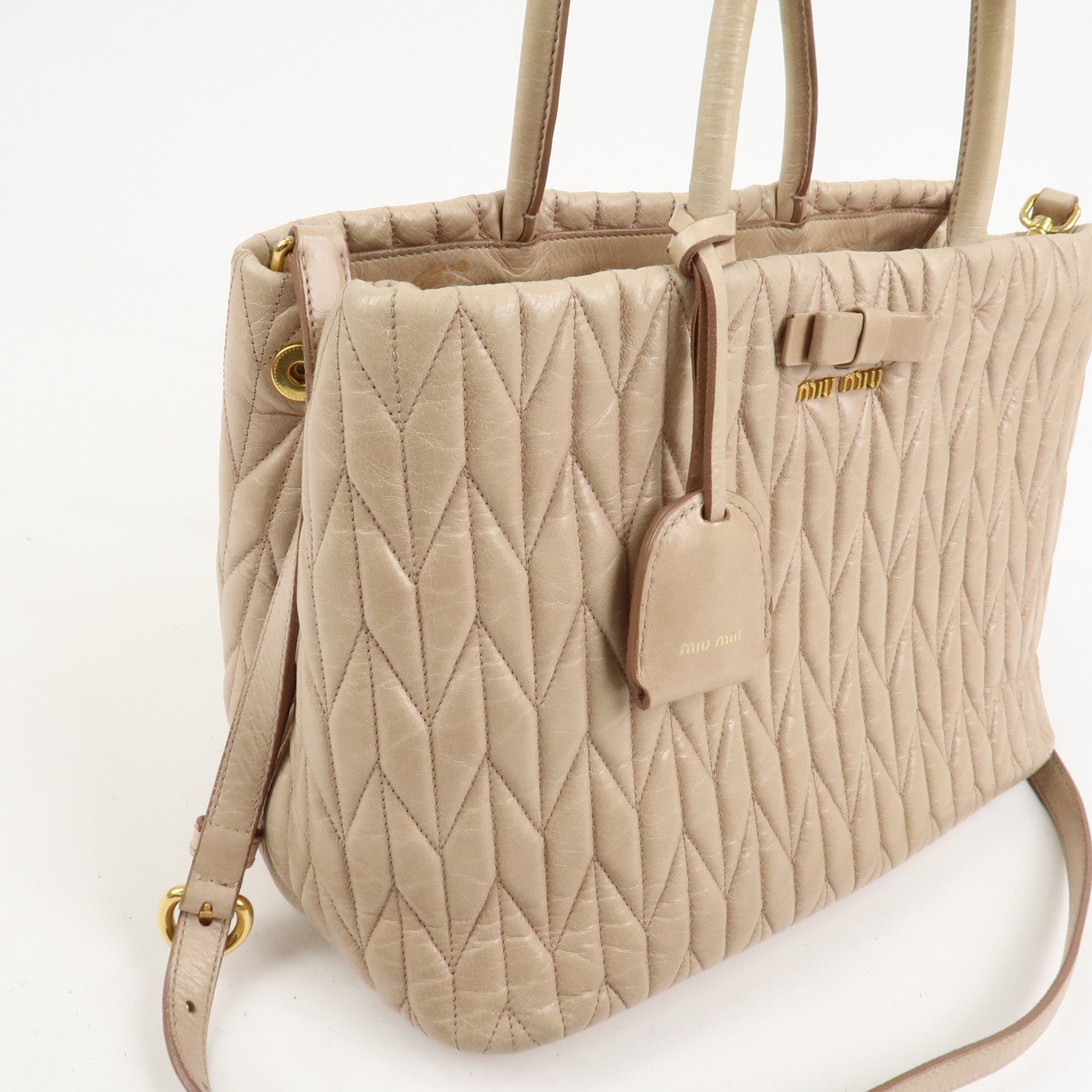 MIU MIU Leather Ribbon 2Way Shoulder Bag Hand Bag Tote Bag Beige RN1096